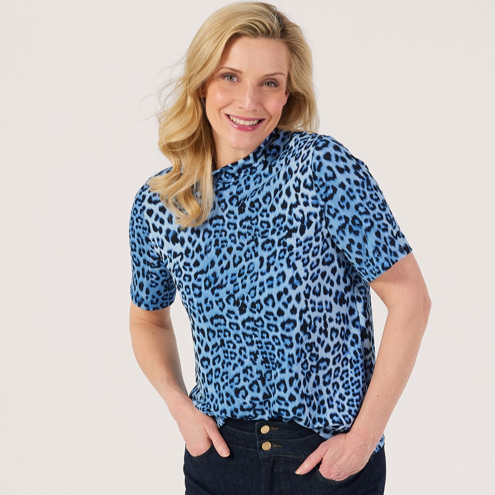 Kim & Co Printed Poly Slinky Short Sleeve Mock Neck Top