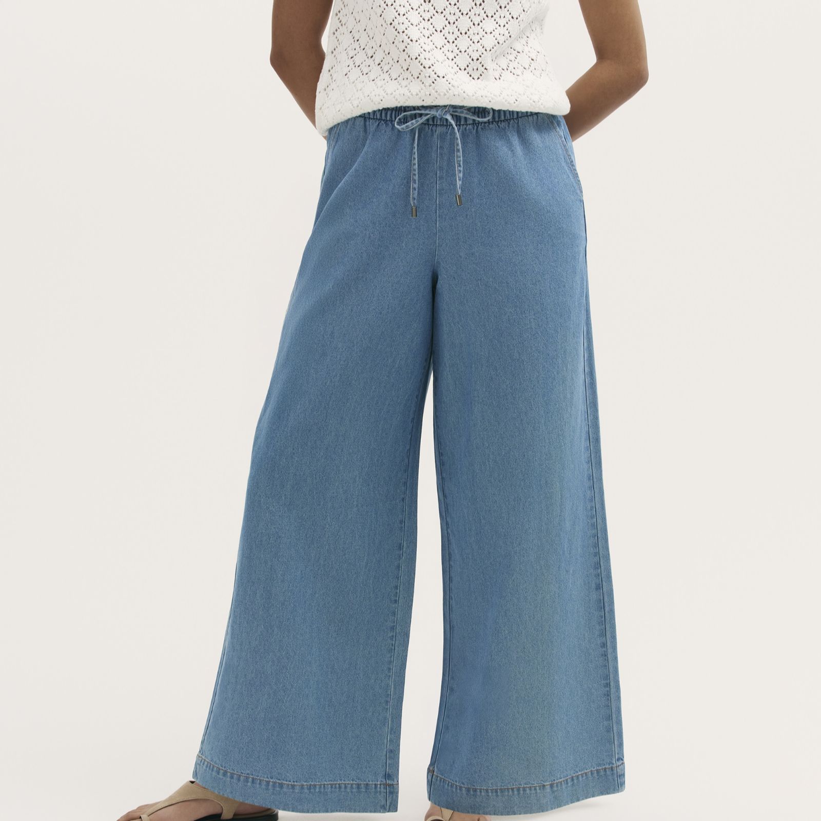 Finery London Dixie Denim Wide Leg Trousers with Drawstring Waist Short