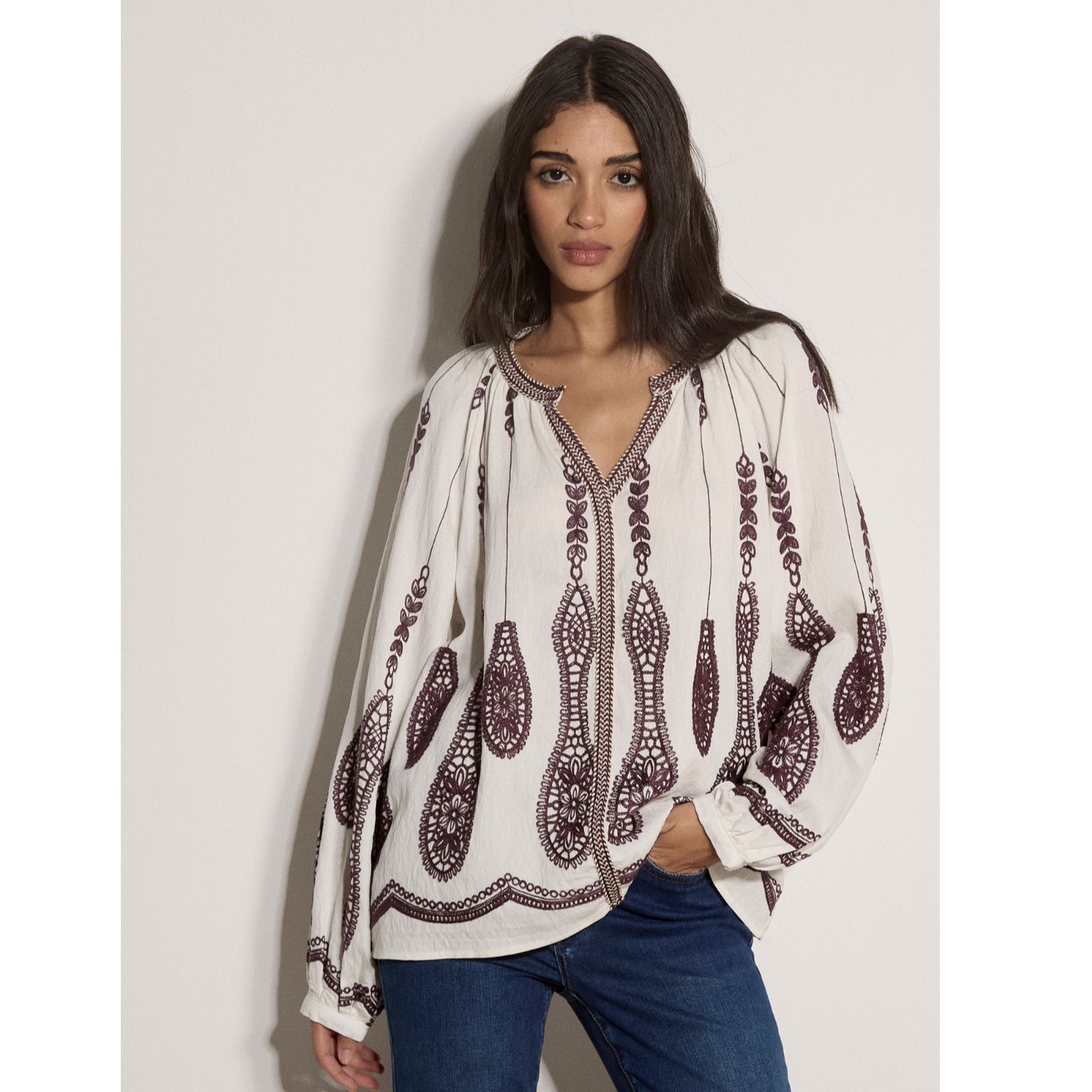 Apricot Embroidered Paisley Border Boho Shirt