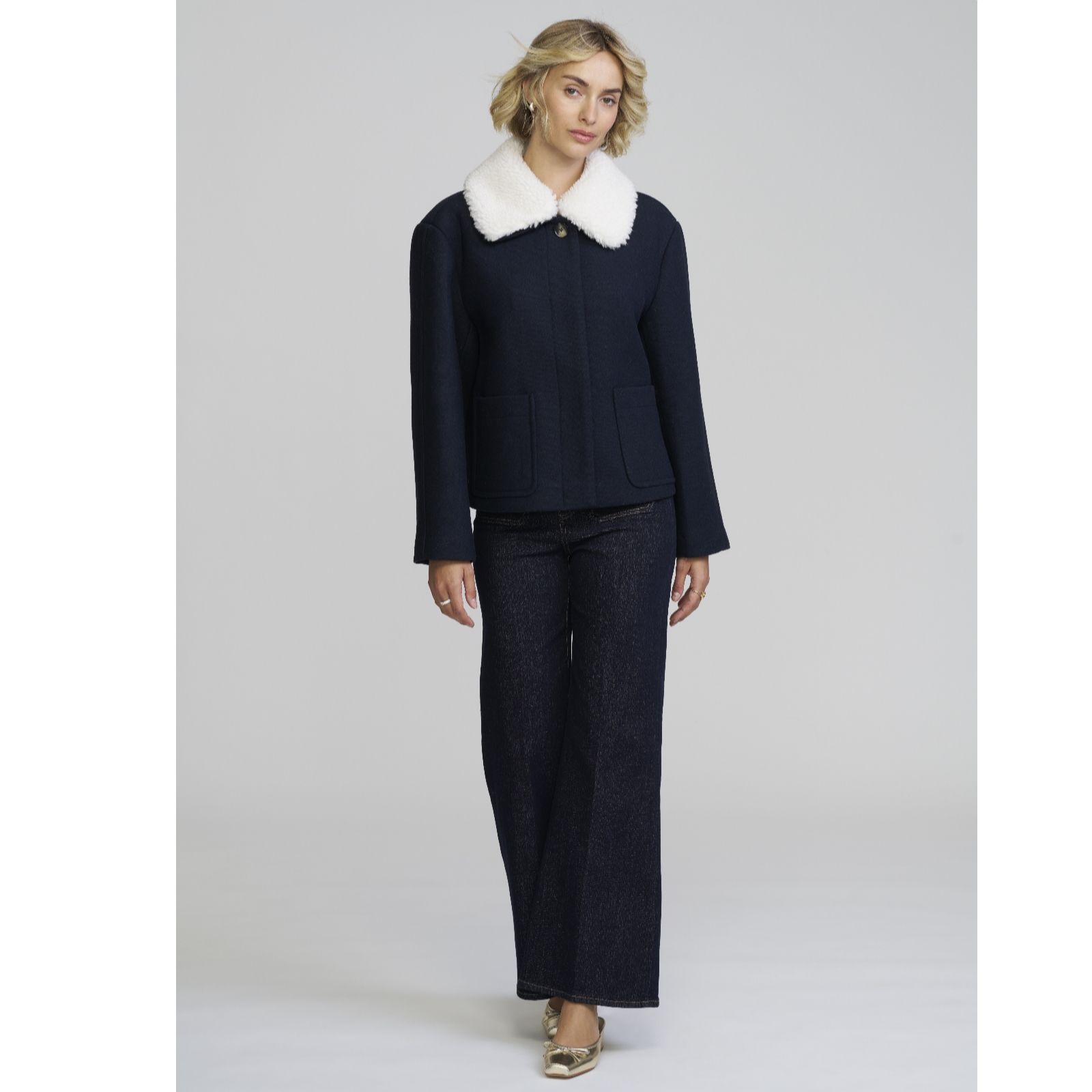  ELLE Get The Look Shearling Collar Crop Coat