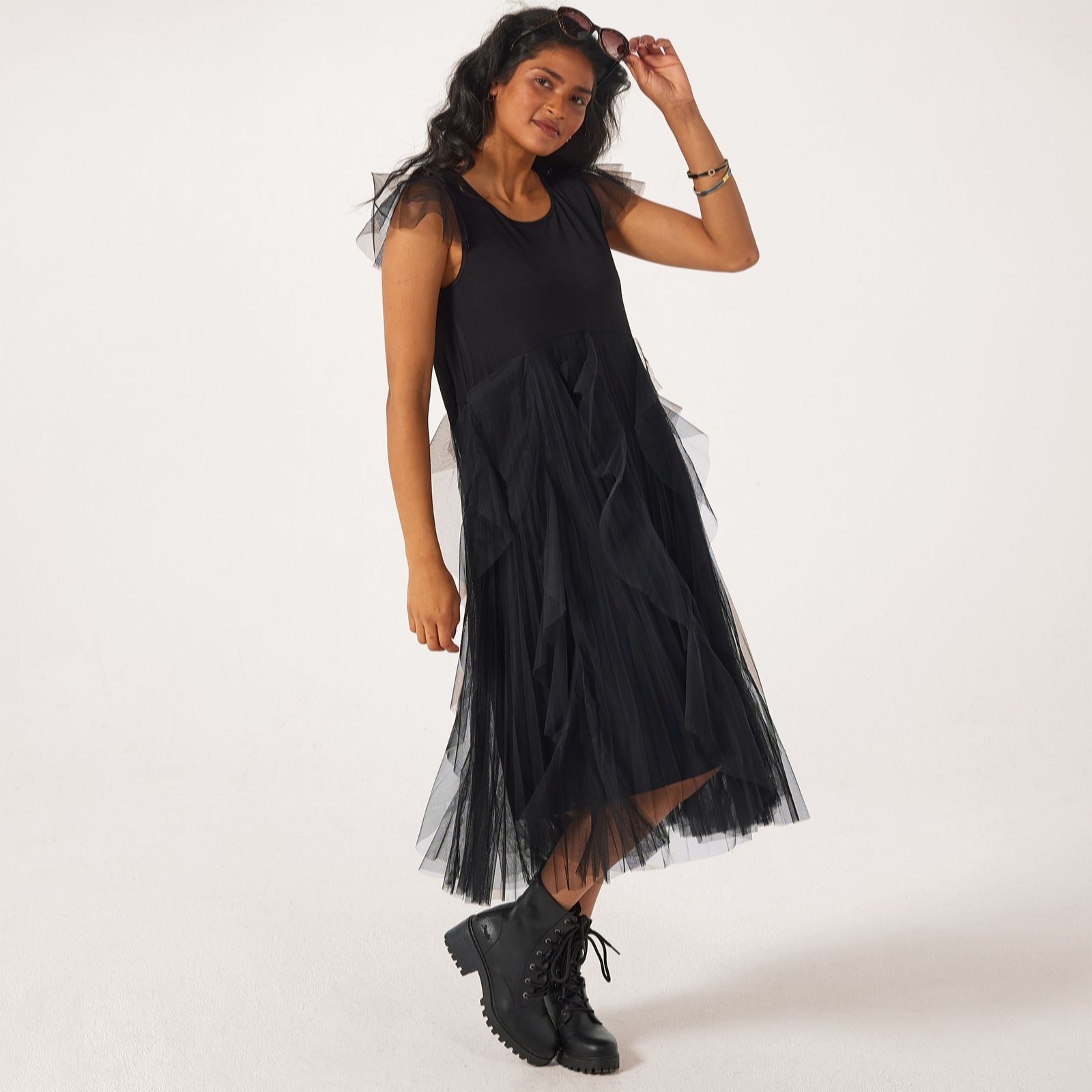 Frank Usher Ruffle Detail Jersey Mesh Dress
