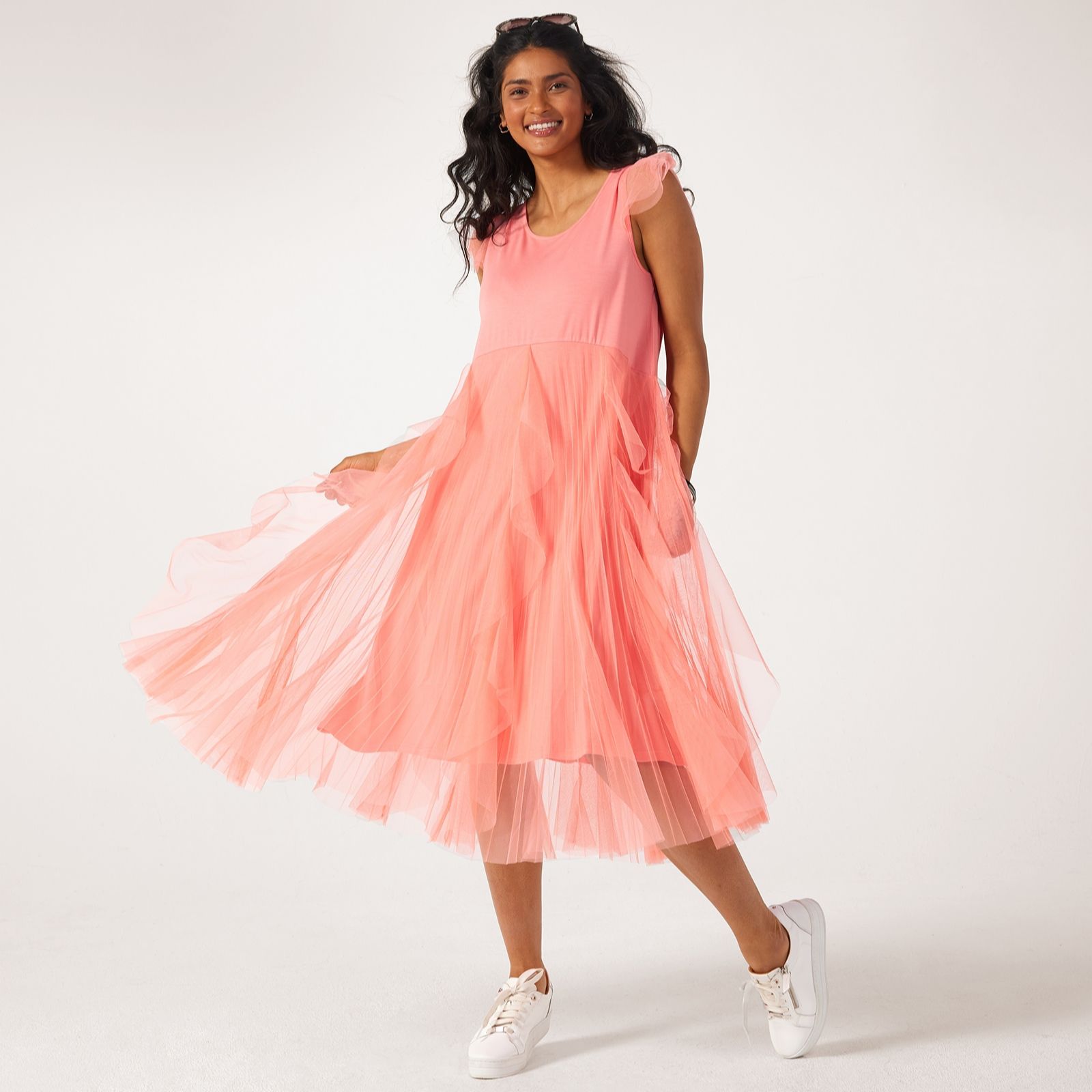 Frank Usher Ruffle Detail Jersey Mesh Dress