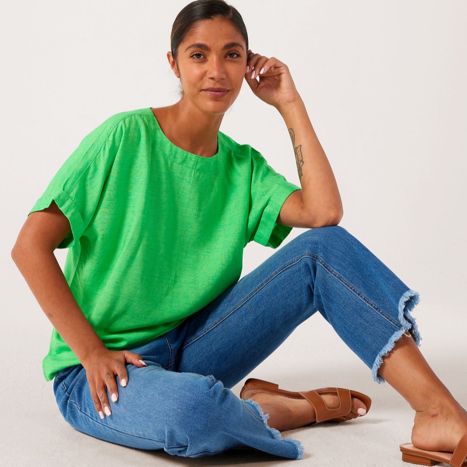 Denim & Co. Linen Blend Round Neck Blouse
