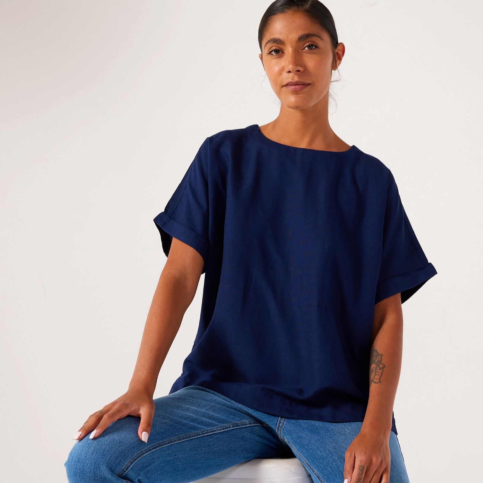 Denim & Co. Linen Blend Round Neck Blouse
