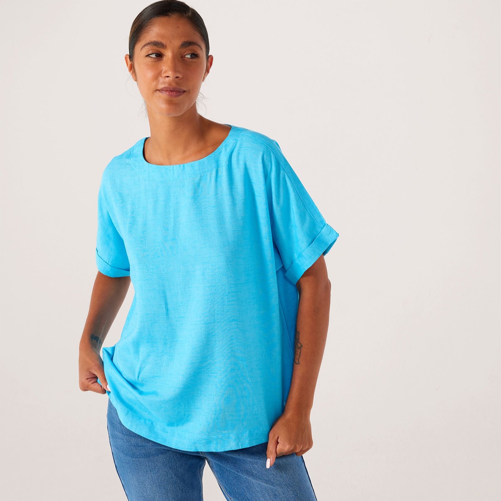 Denim & Co. Linen Blend Round Neck Blouse