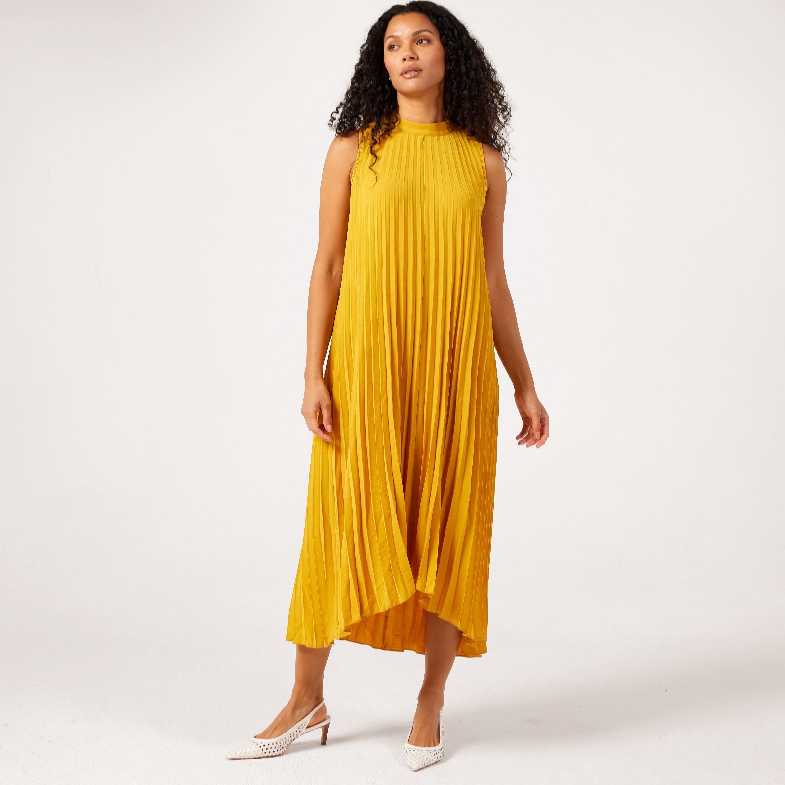 Nina Leonard Sleeveless Mock Neck Pleated Maxi Dress