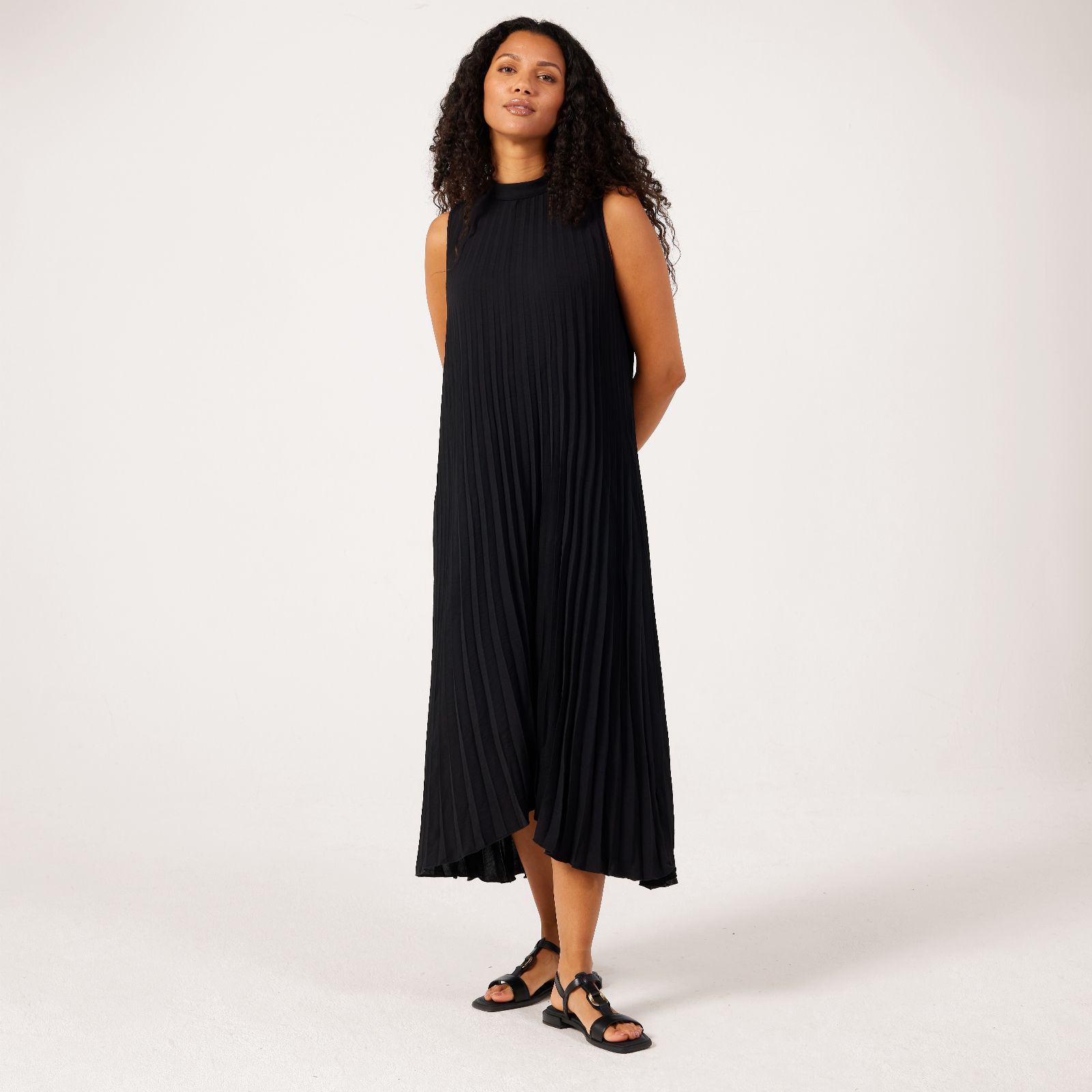 Nina Leonard Sleeveless Mock Neck Pleated Maxi Dress