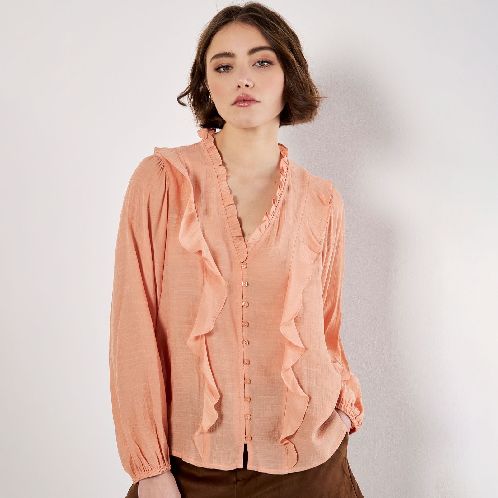 Apricot Vertical Ruffle Slub Shimmer Shirt