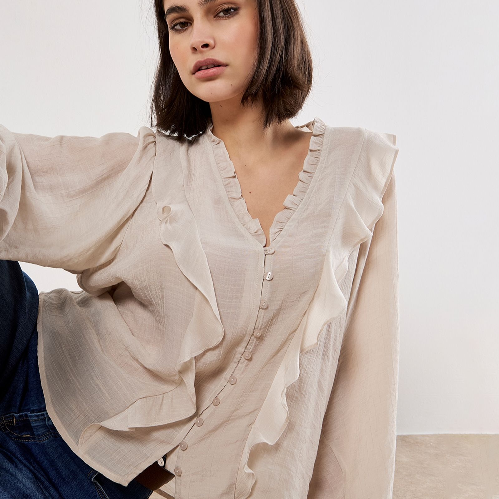 Apricot Vertical Ruffle Slub Shimmer Shirt