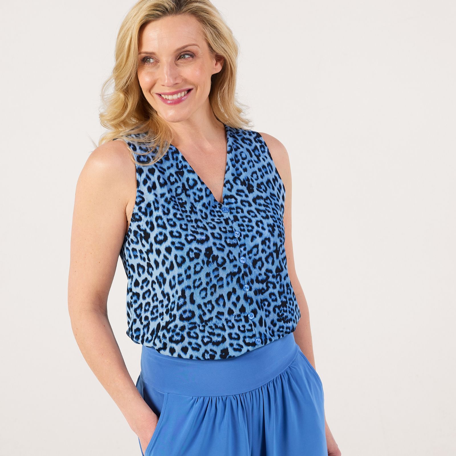 Kim & Co Printed Poly Slinky Button Detail Vest Top