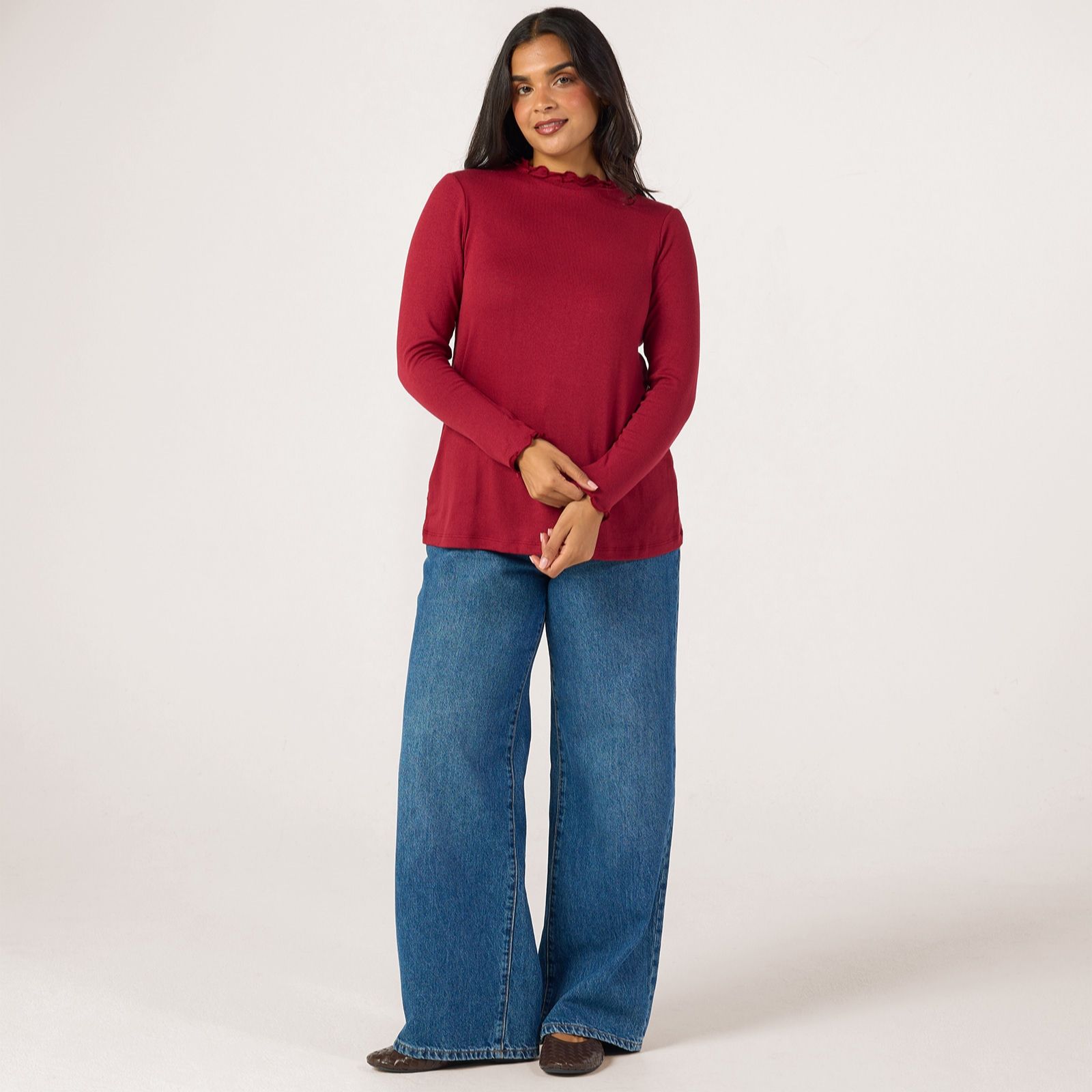 Kim & Co Fine Knit Double Frill Neck Top