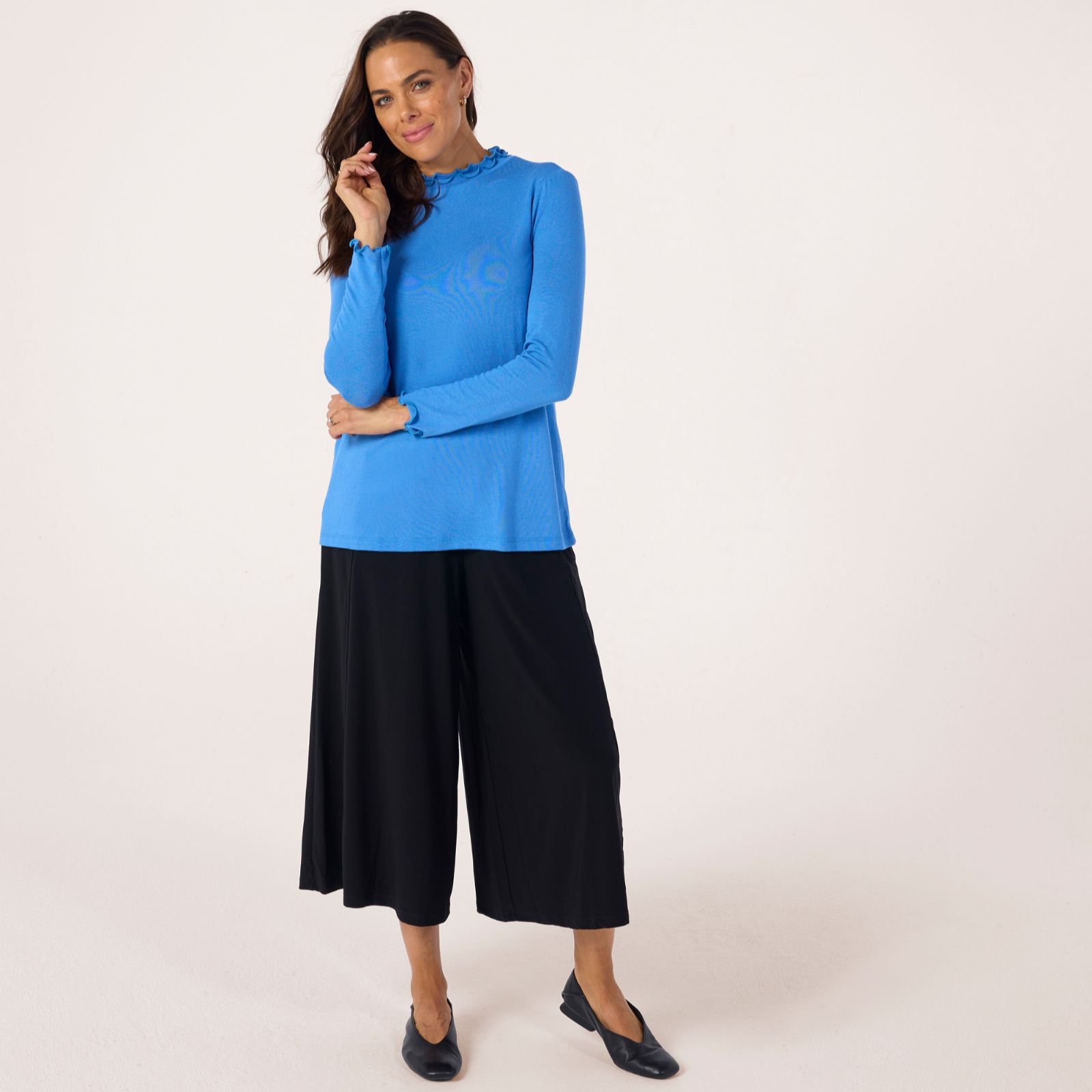 Kim & Co Fine Knit Double Frill Neck Top