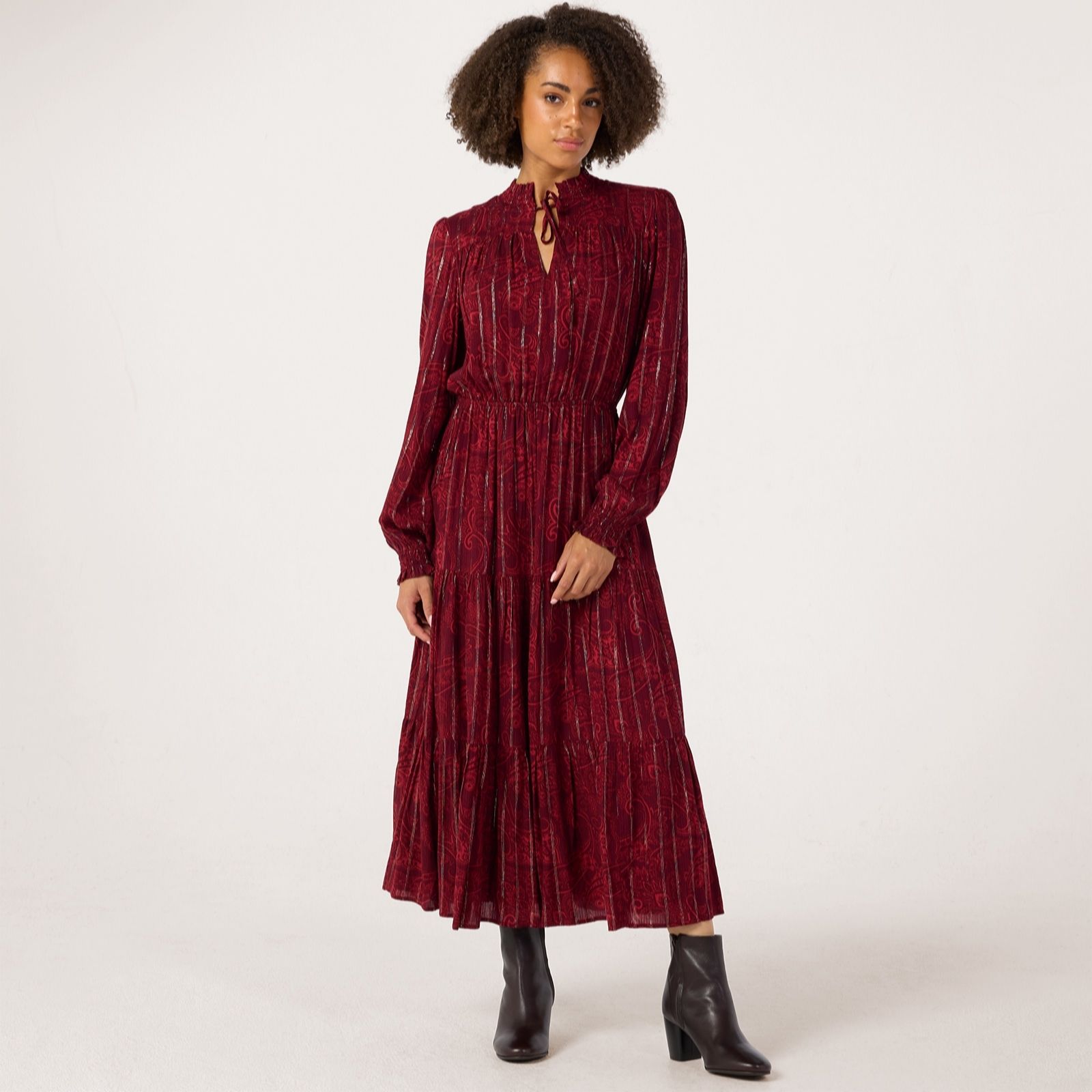 Apricot Paisley Print Ruffle Neck Dress