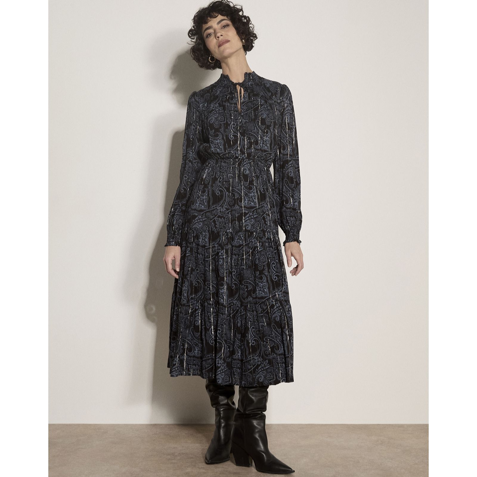 Apricot Paisley Print Ruffle Neck Dress