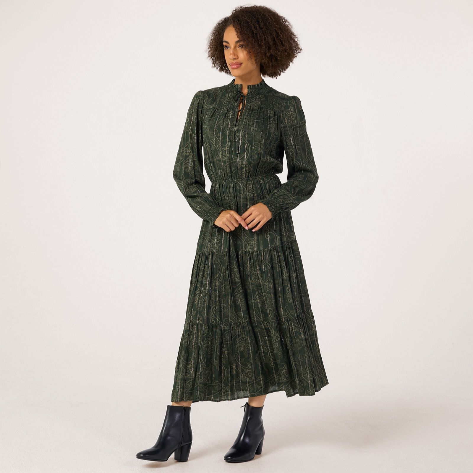 Apricot Paisley Print Ruffle Neck Dress