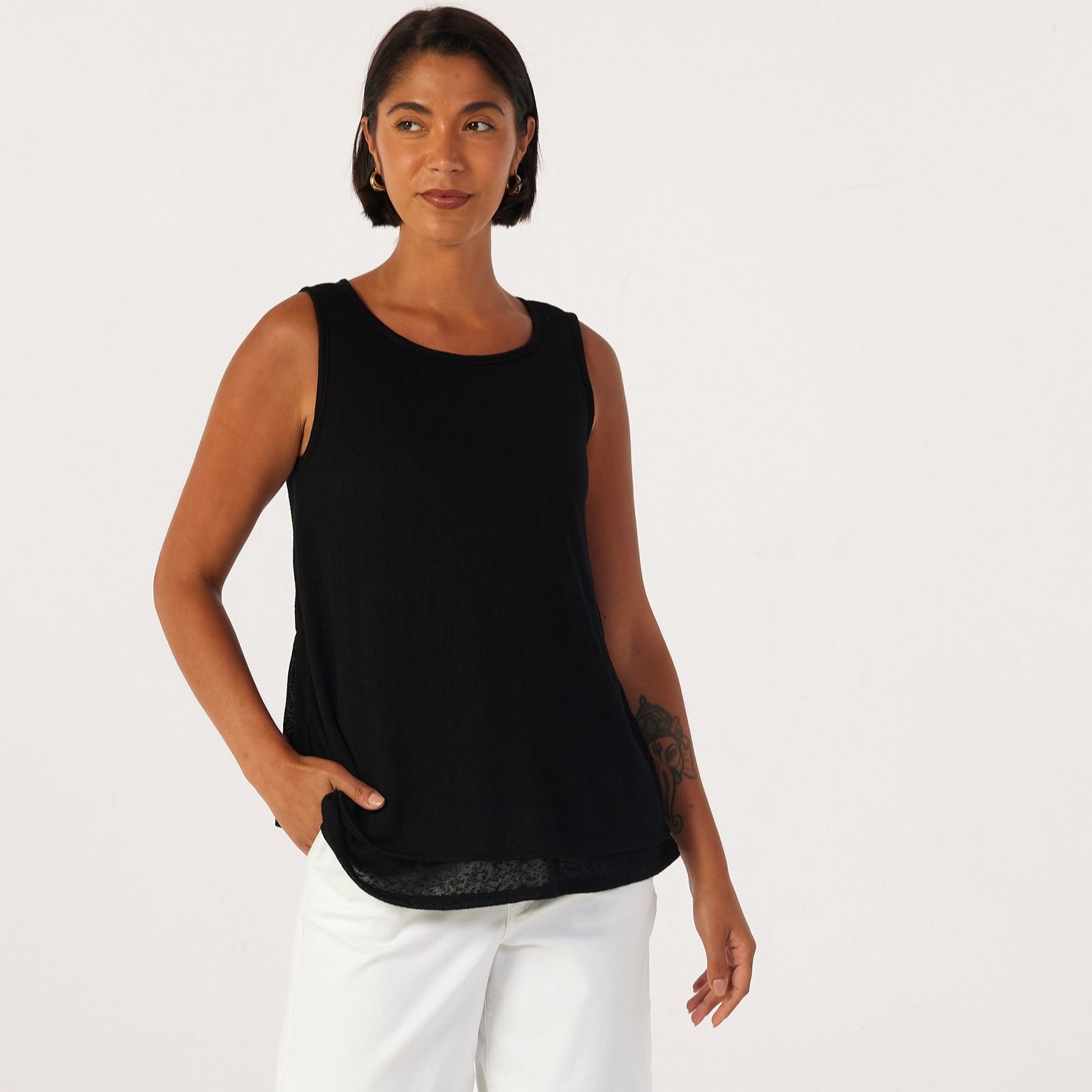 Kim & Co Linen Look Knit Sleeveless Double Layer Top
