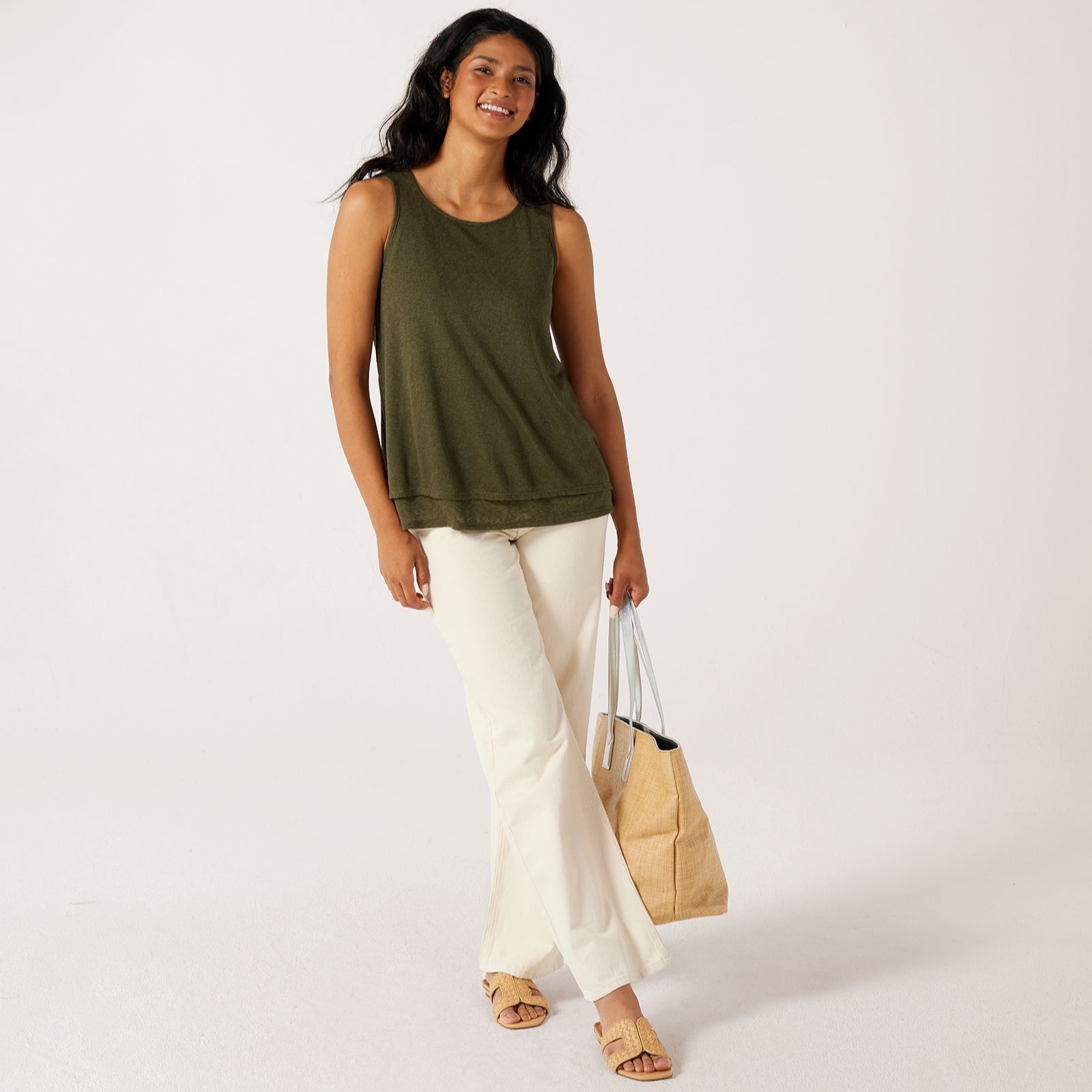 Kim & Co Linen Look Knit Sleeveless Double Layer Top