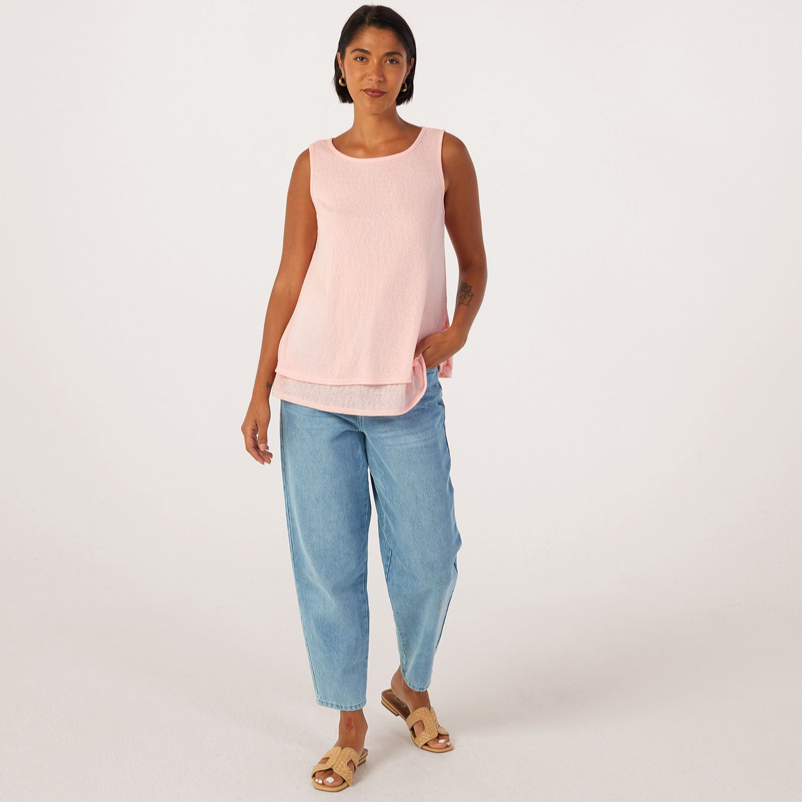 Kim & Co Linen Look Knit Sleeveless Double Layer Top