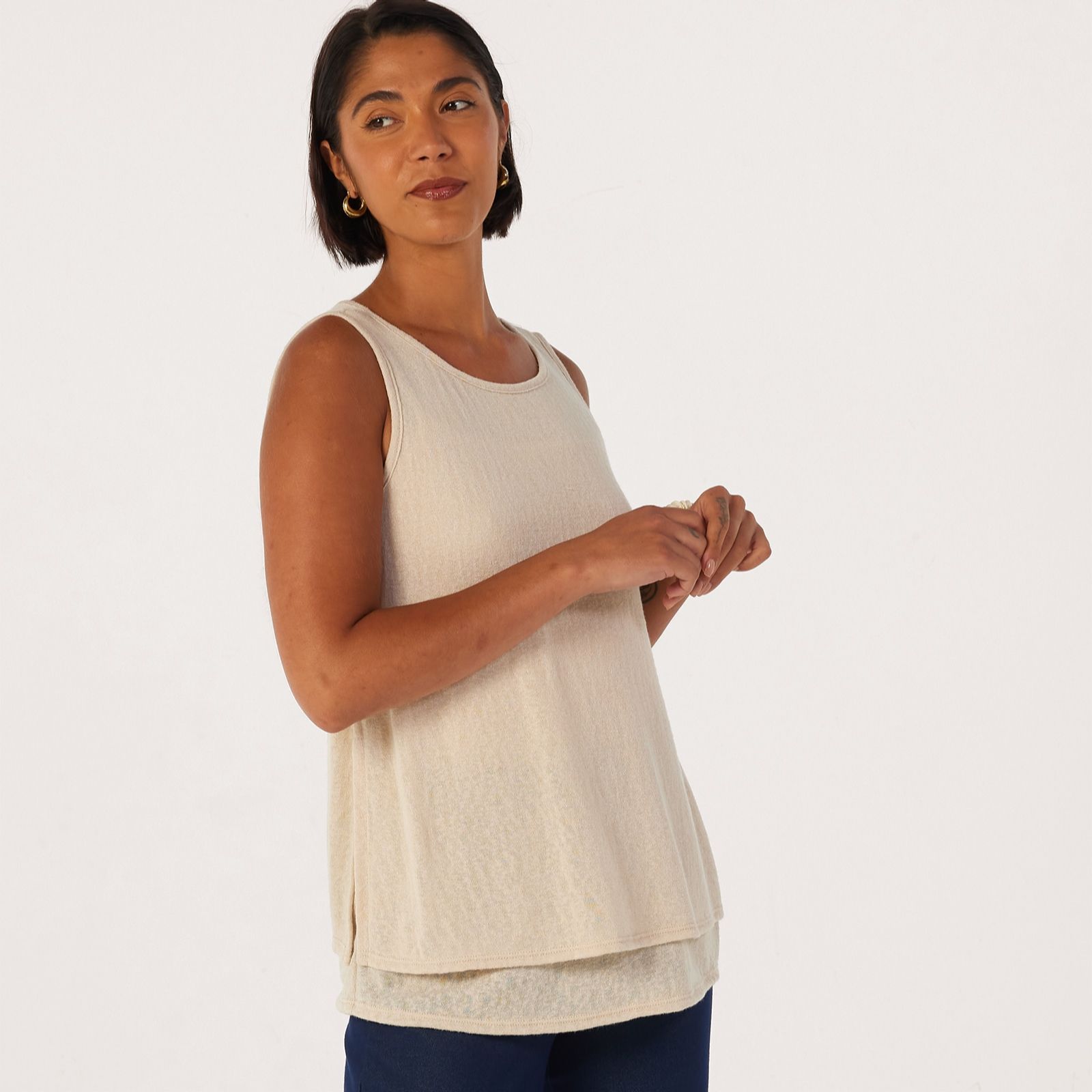 Kim & Co Linen Look Knit Sleeveless Double Layer Top