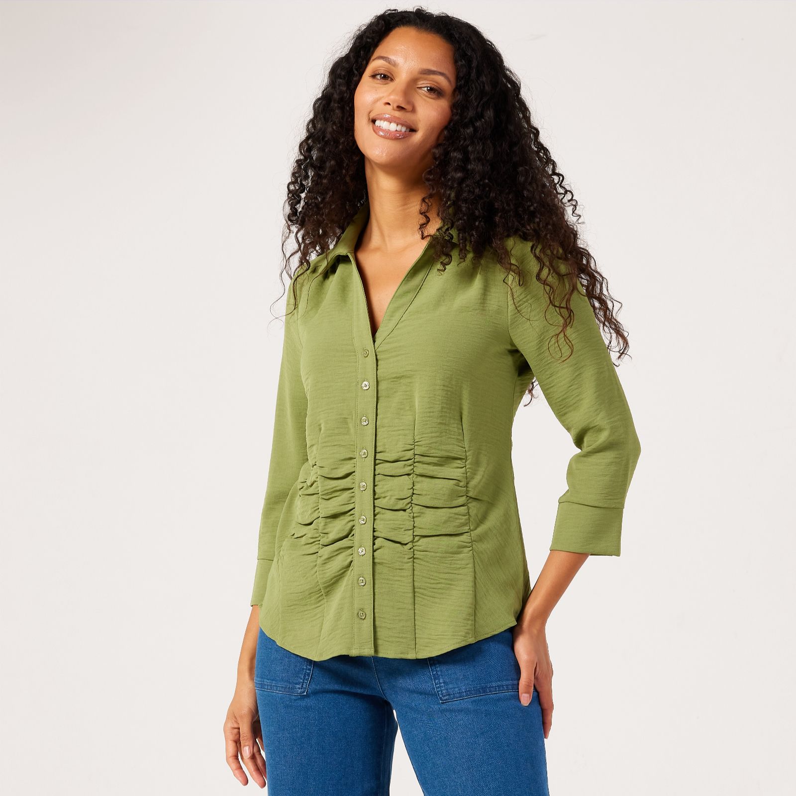 Nina Leonard 3/4 Sleeve Waisted Shirt with Curved Hem