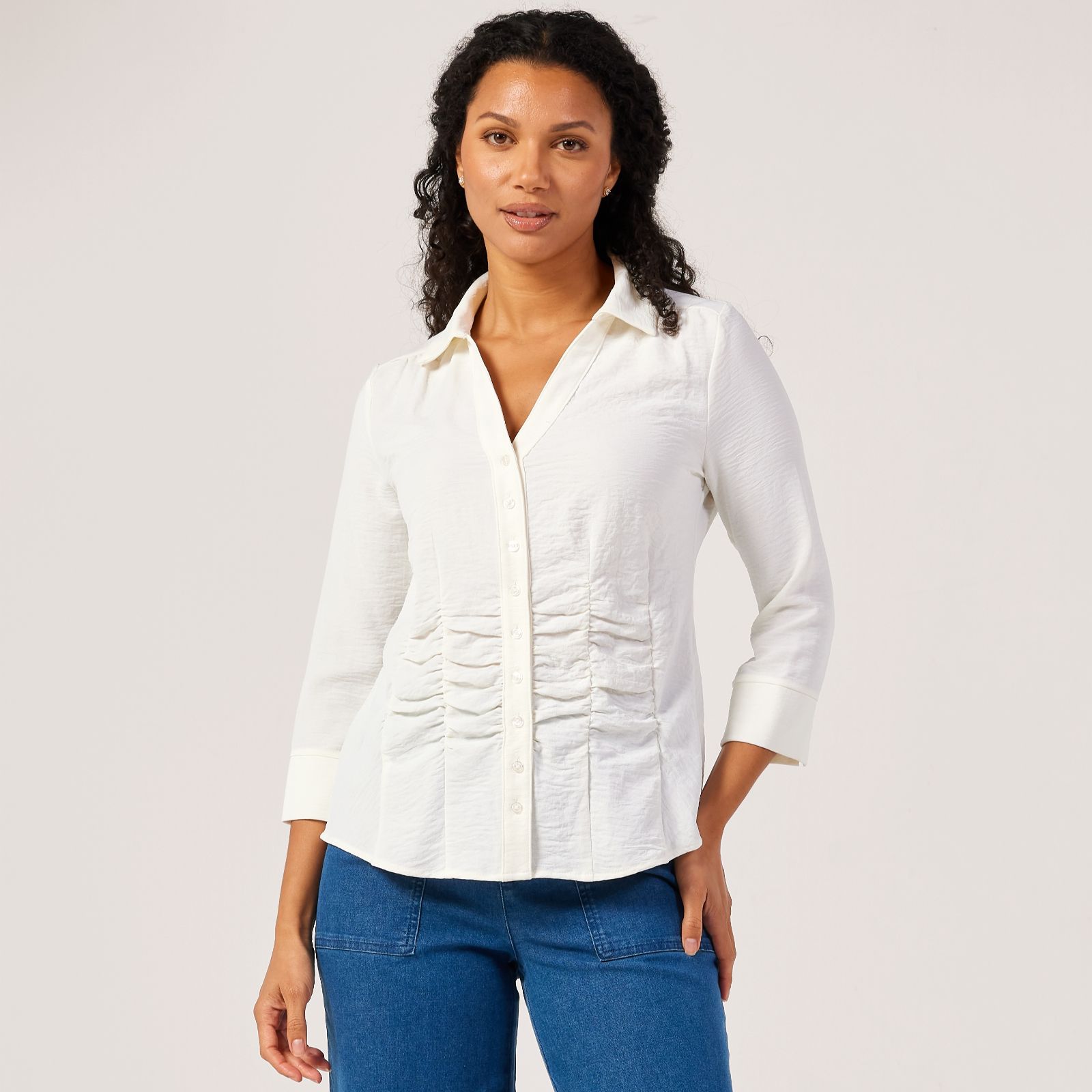 Nina Leonard 3/4 Sleeve Waisted Shirt with Curved Hem