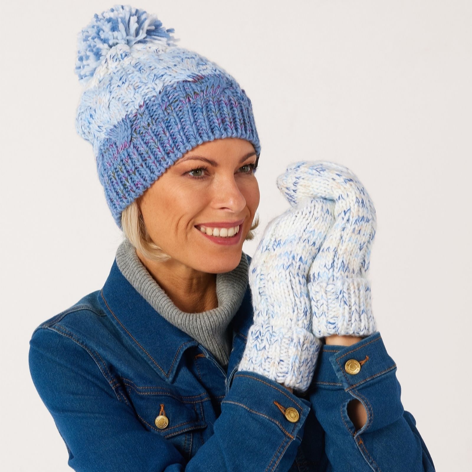 Muk Luks Colorblock Stripe Cable Beanie & Mitten Set