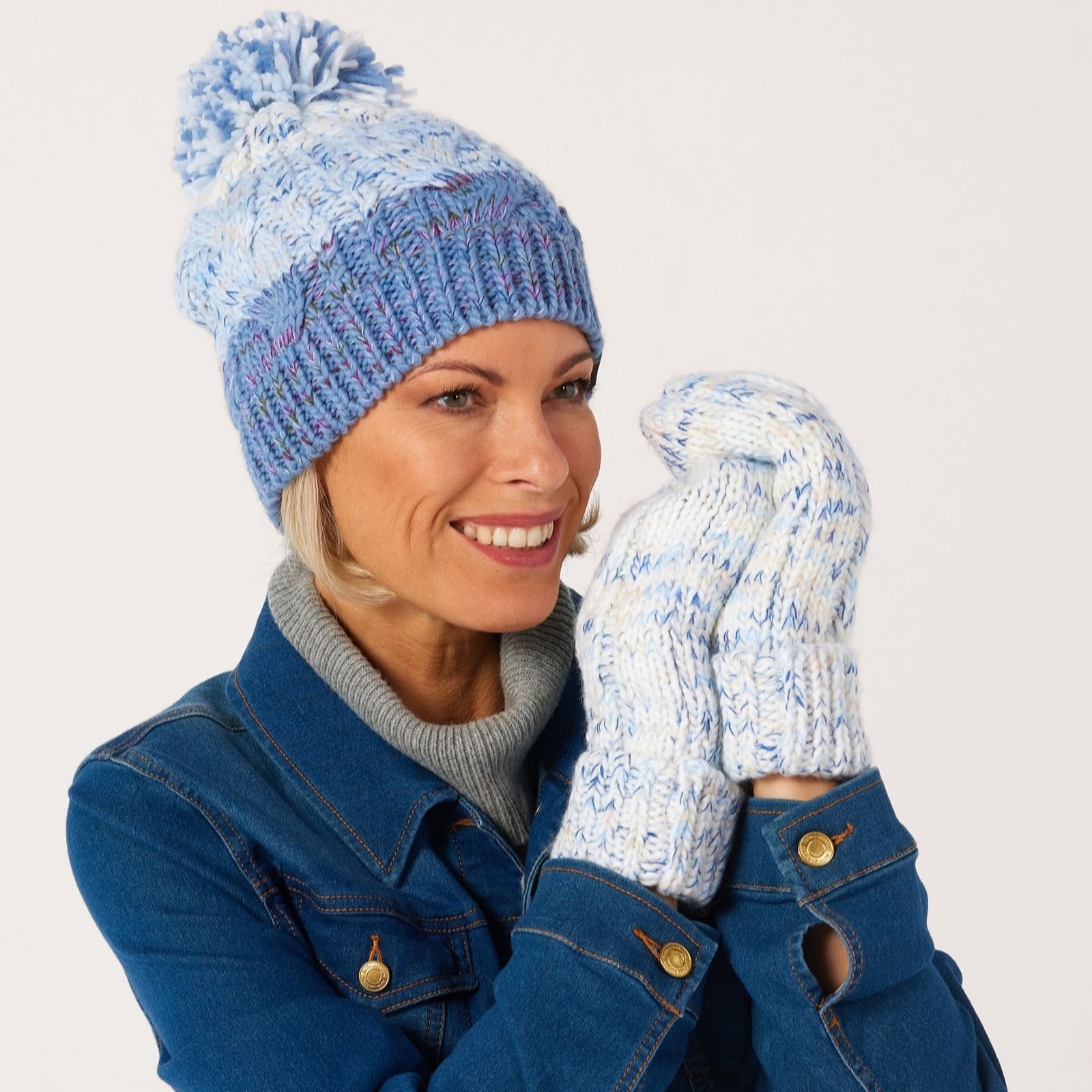 Muk Luks Colorblock Stripe Cable Beanie & Mitten Set