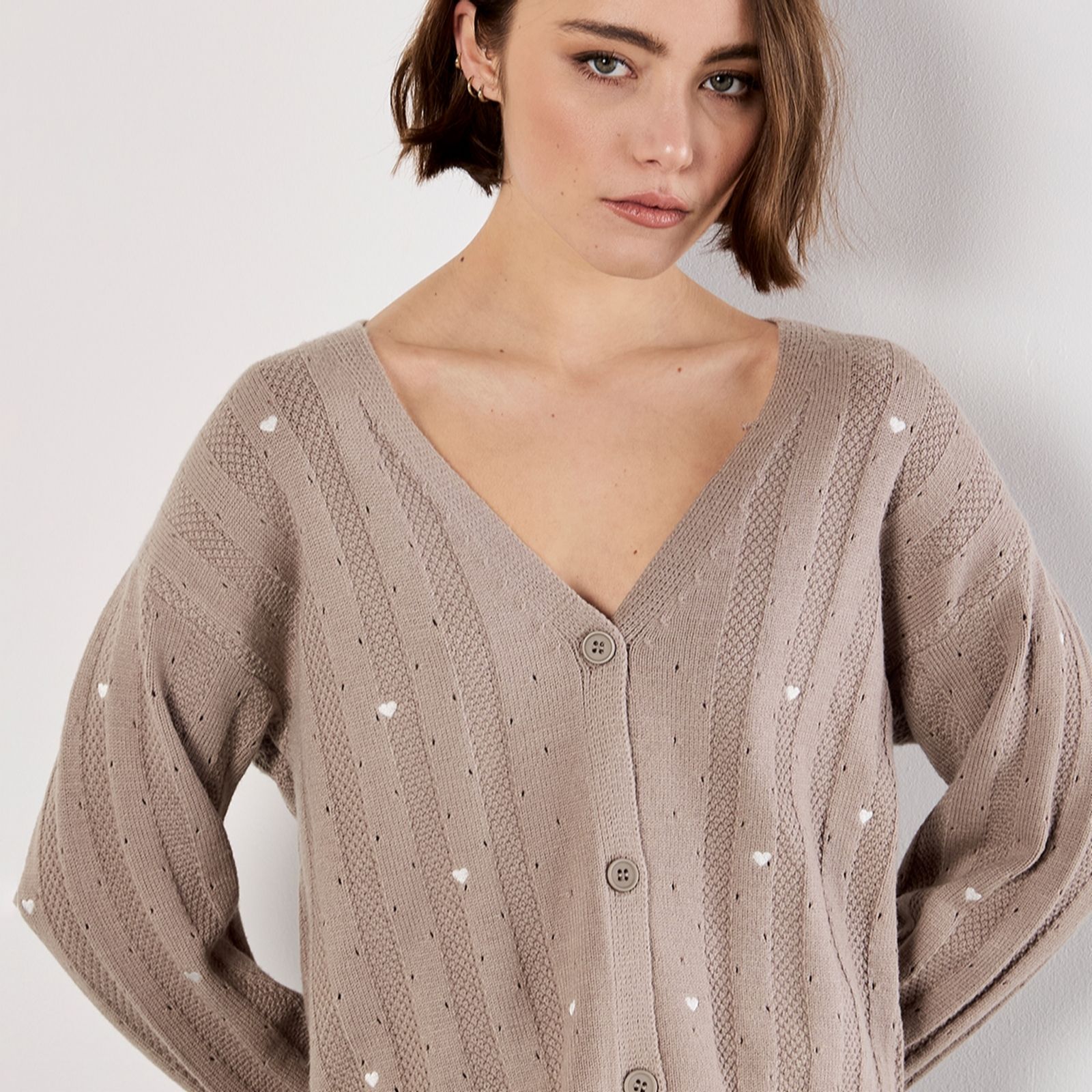 Apricot Embroidered Hearts Pointelle Cardigan