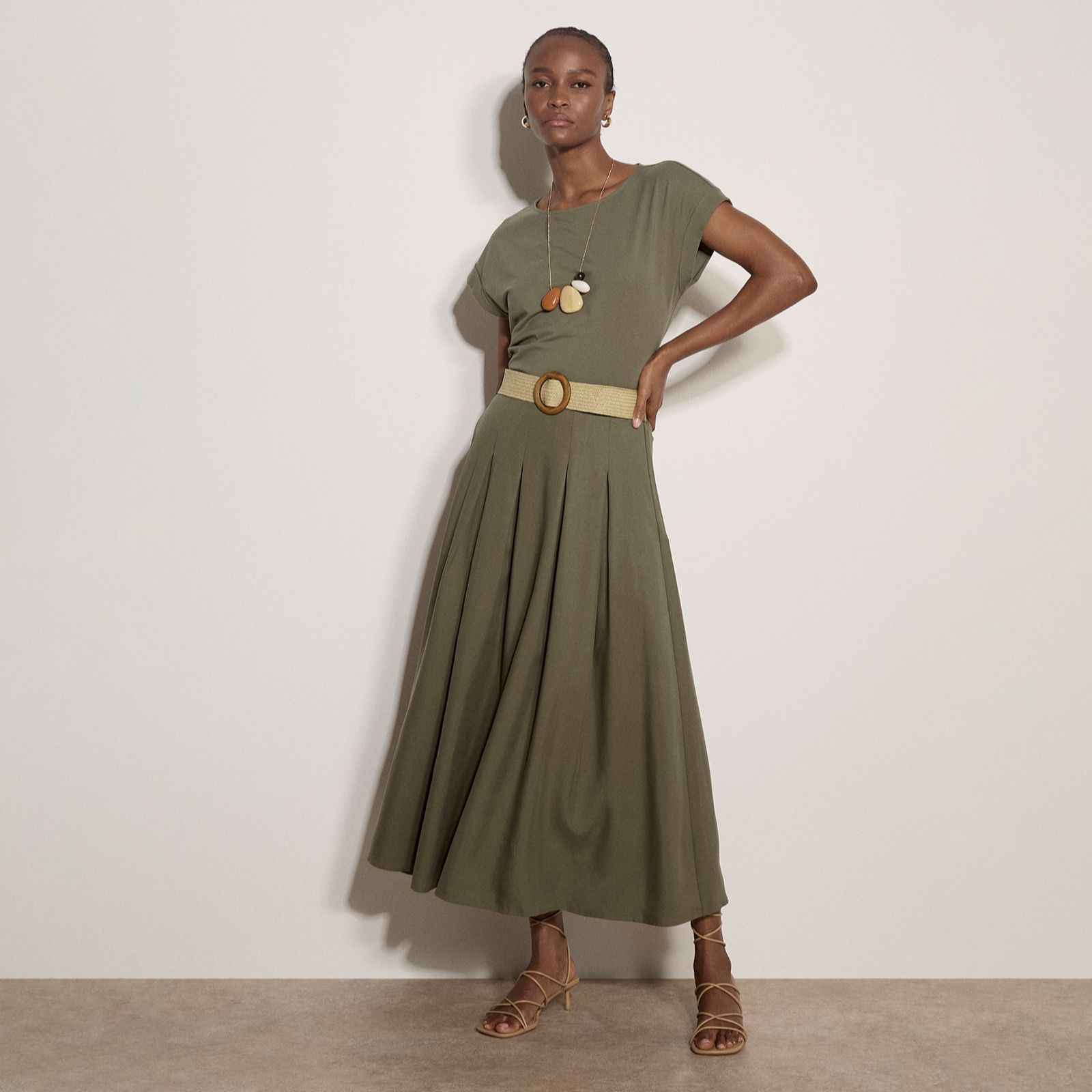 Apricot Boho Slub Belted Midi Skirt