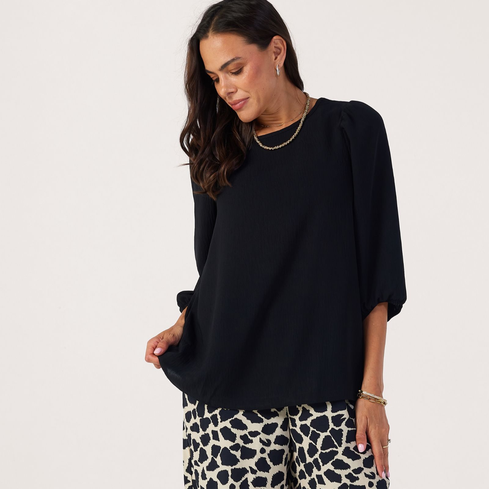 Kim & Co Crinkle Poplin 3/4 Blouson Sleeve Relaxed Top