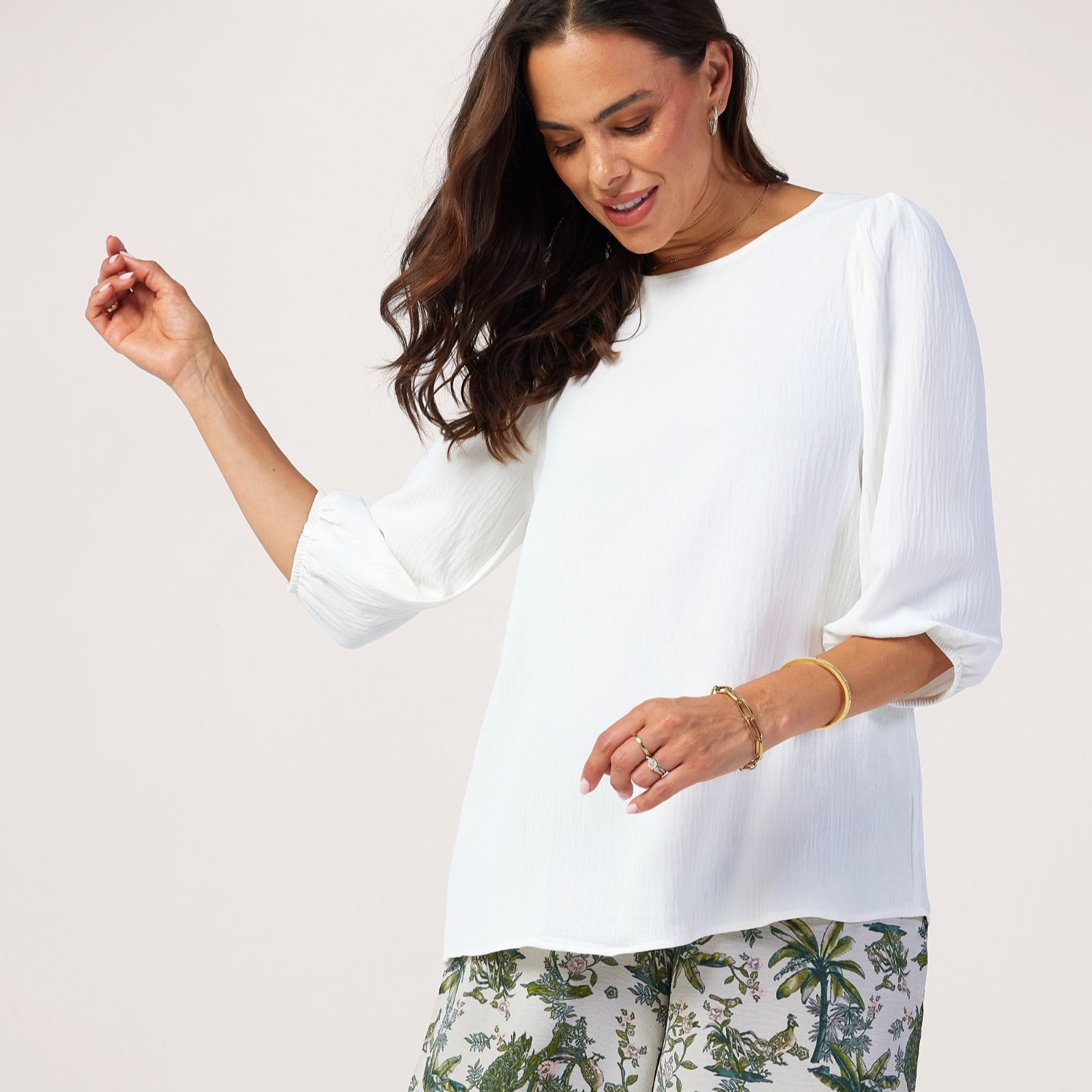 Kim & Co Crinkle Poplin 3/4 Blouson Sleeve Relaxed Top