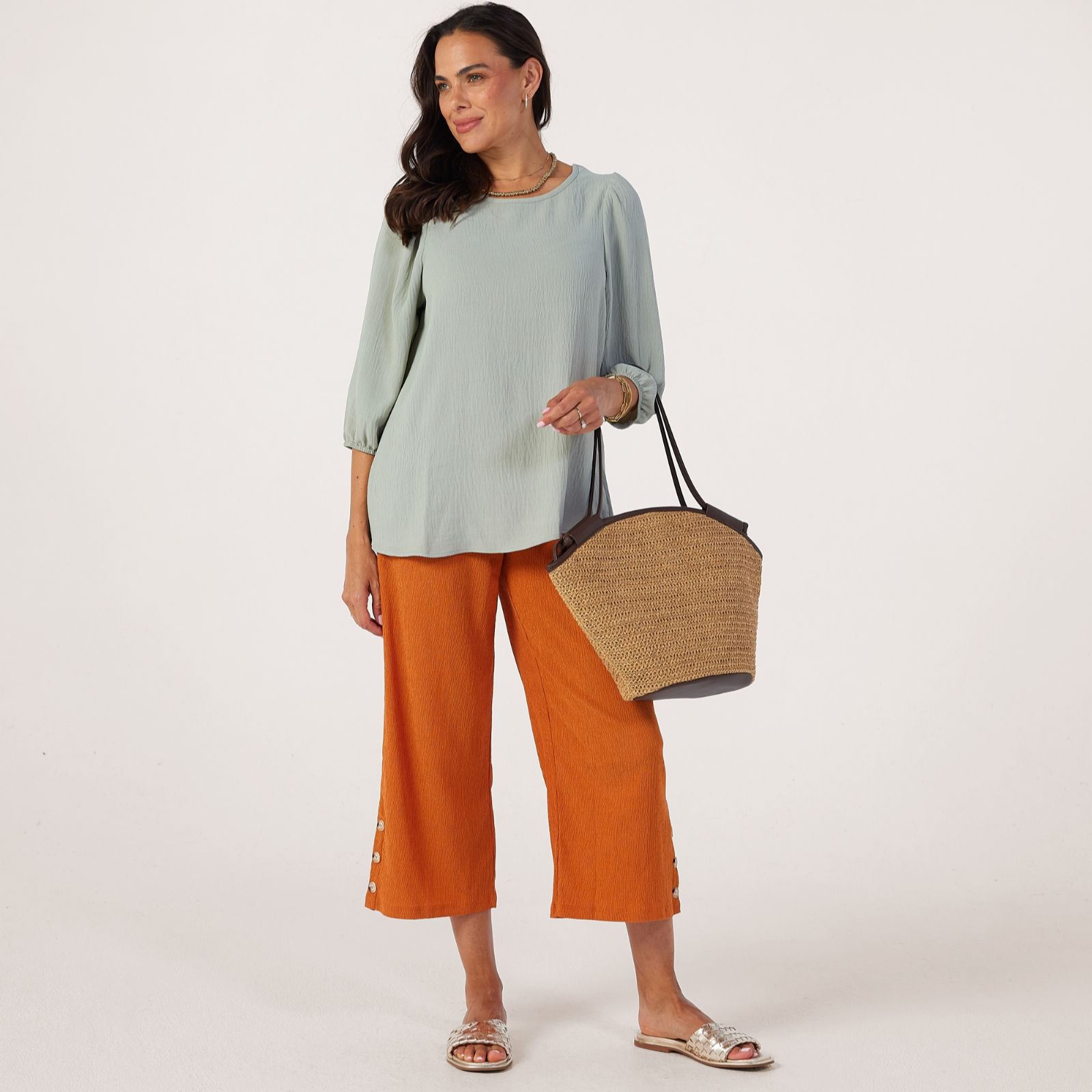Kim & Co Crinkle Poplin 3/4 Blouson Sleeve Relaxed Top