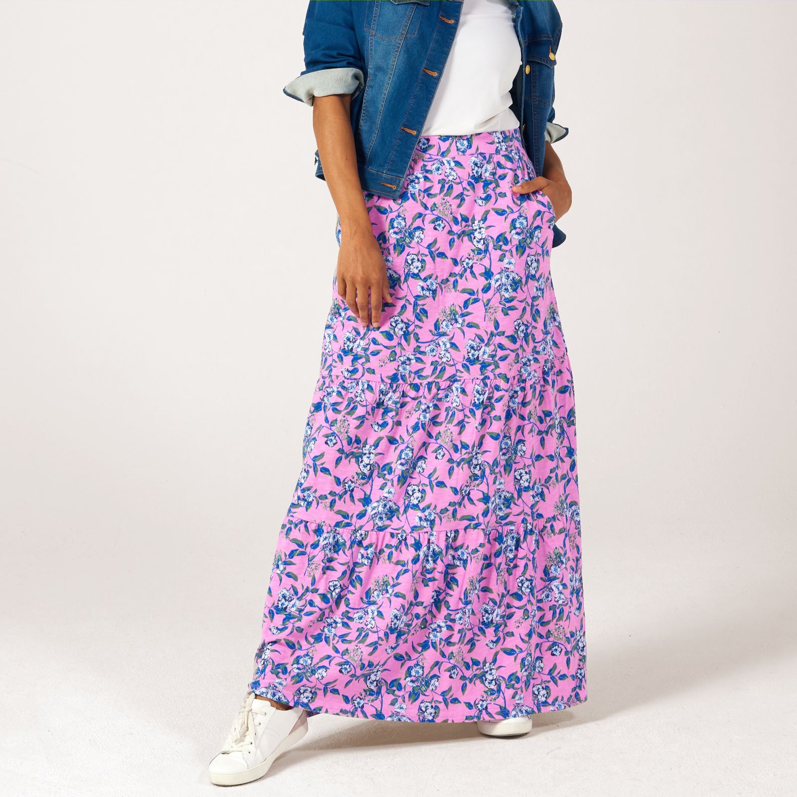 Denim Co Printed Linen Tiered Skirt QVC UK