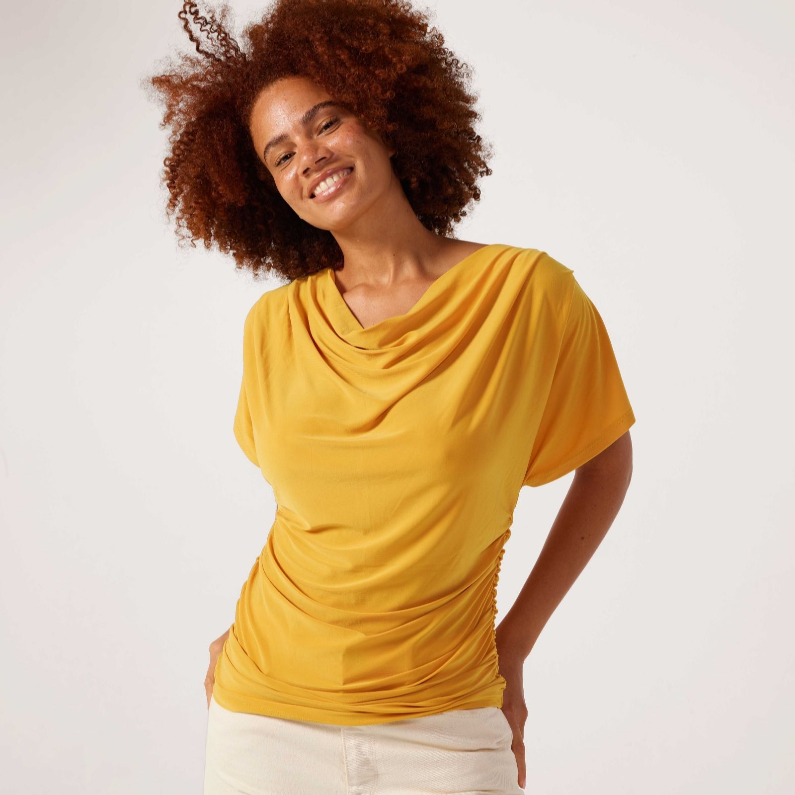 Nina Leonard Short Dolman Sleeve Draped Neck Top With Shirring