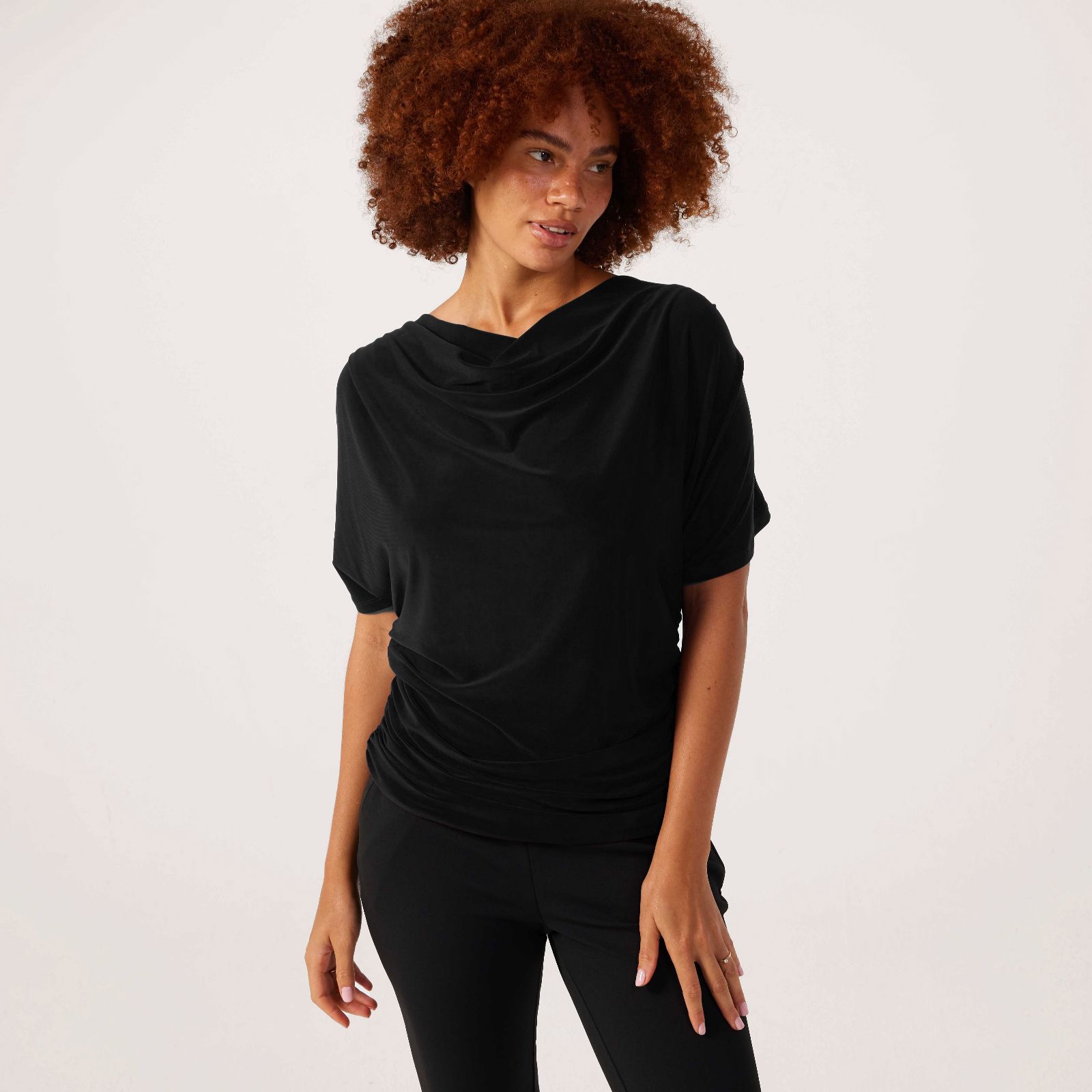 Nina Leonard Short Dolman Sleeve Draped Neck Top With Shirring