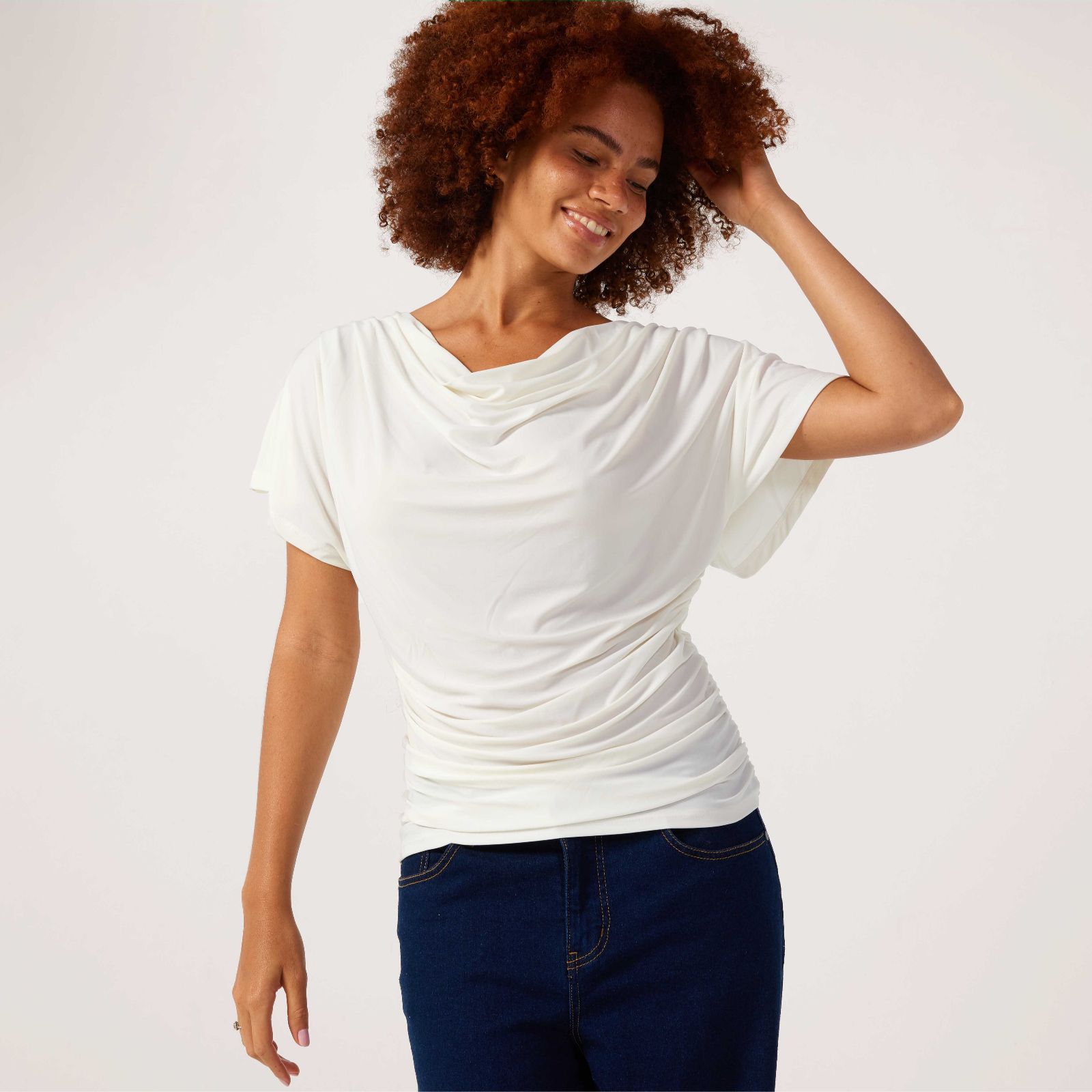 Nina Leonard Short Dolman Sleeve Draped Neck Top With Shirring