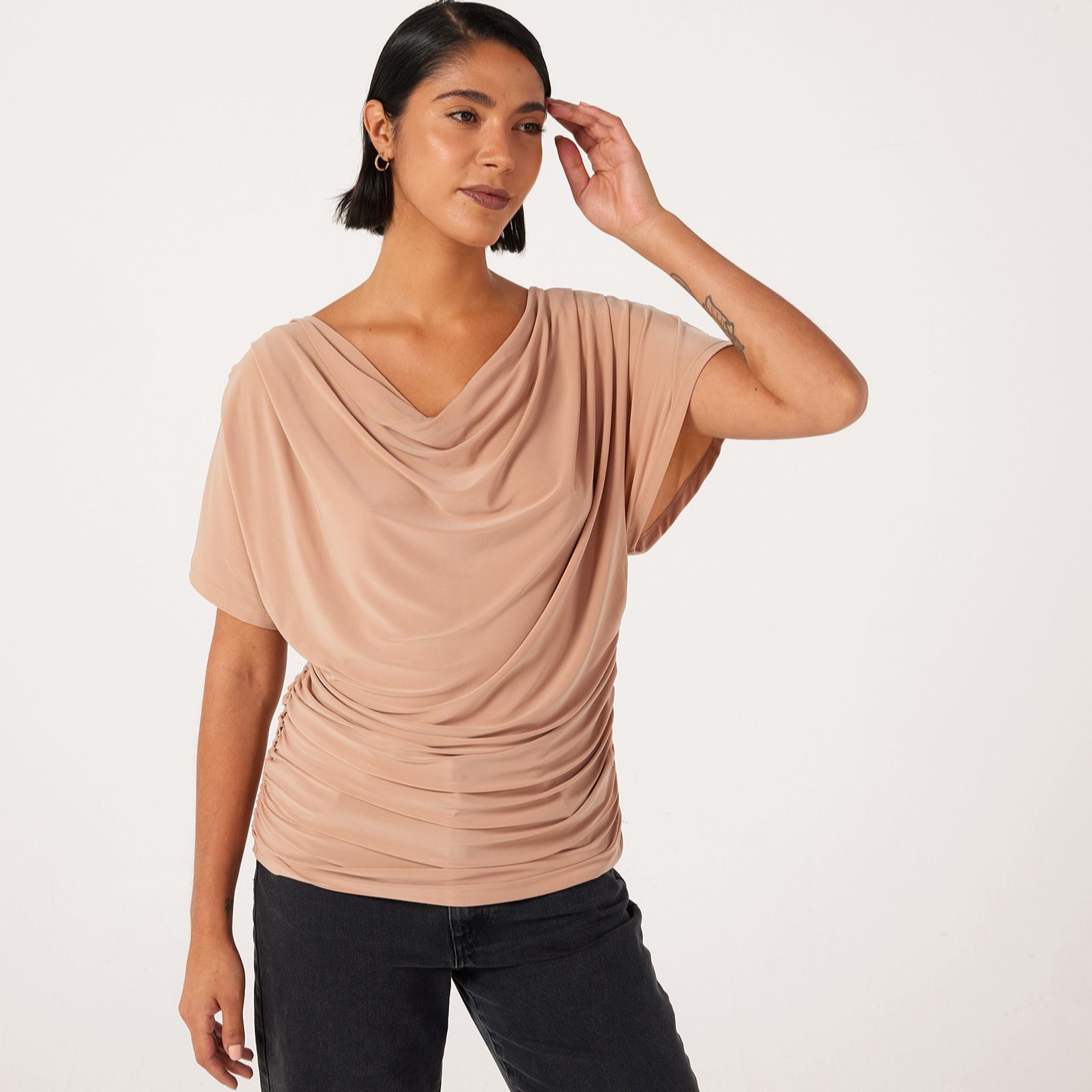Nina Leonard Short Dolman Sleeve Draped Neck Top With Shirring