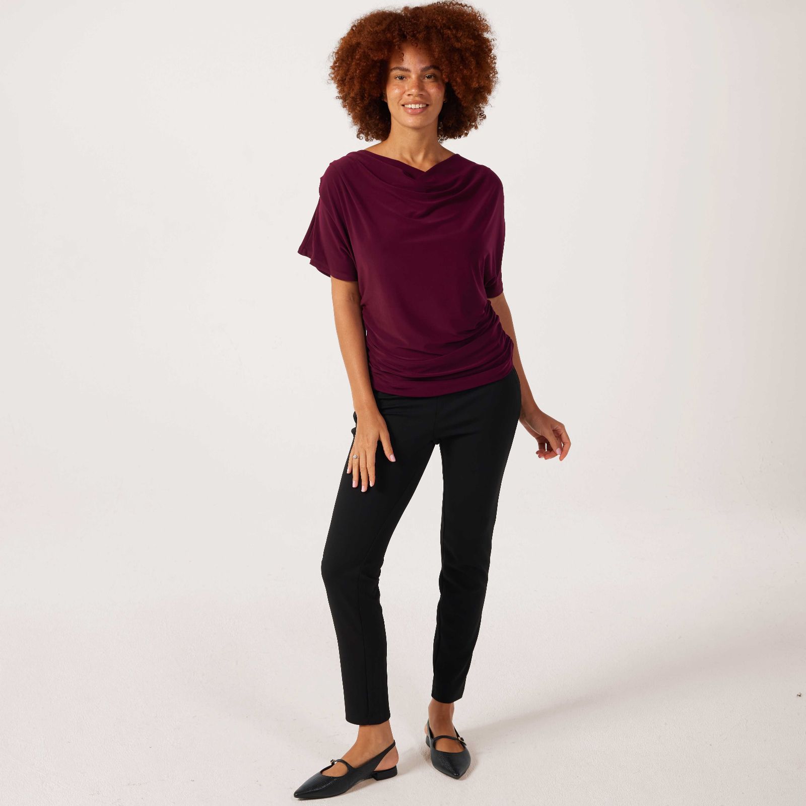 Nina Leonard Short Dolman Sleeve Draped Neck Top With Shirring