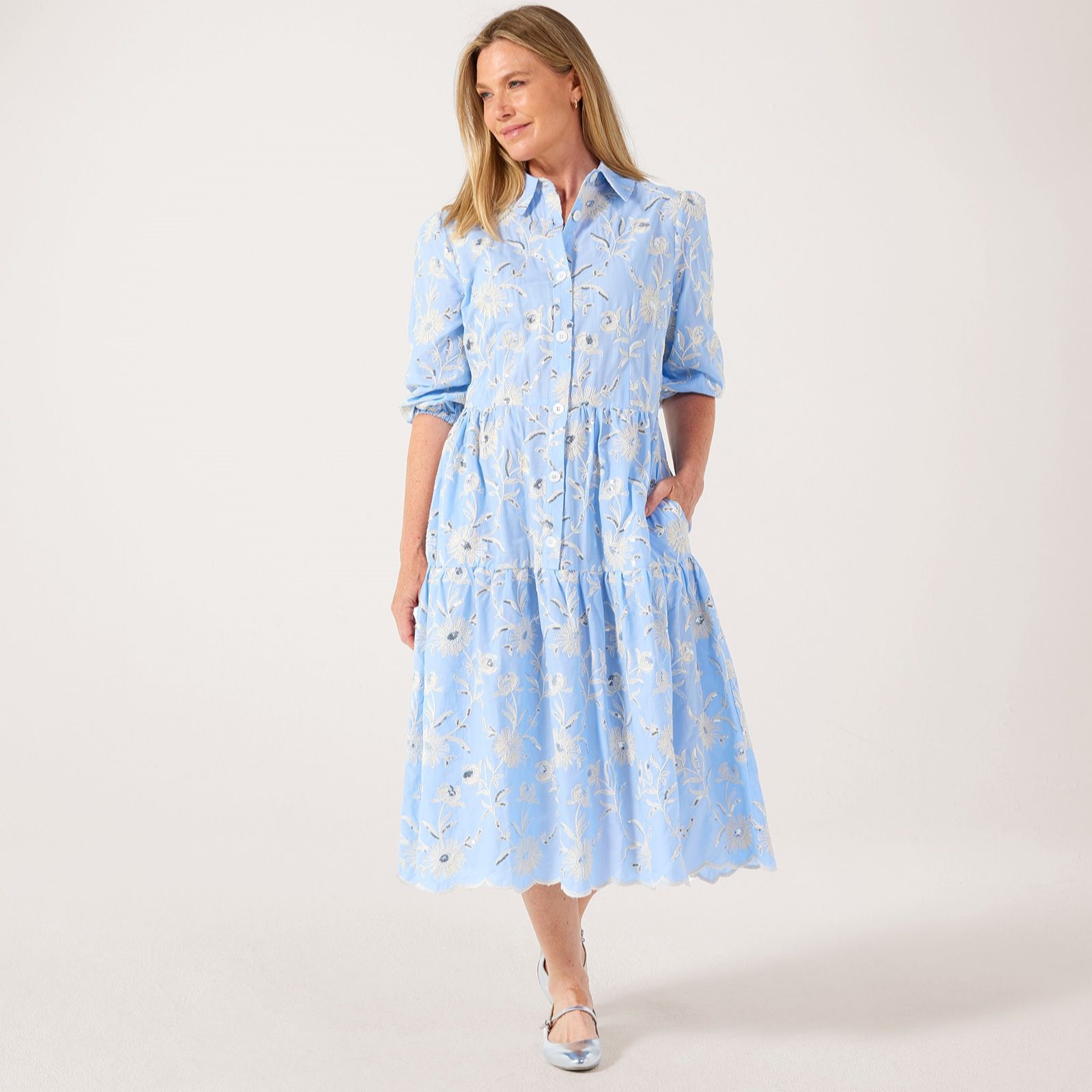 Helene Berman Cassie Embroided Sequin Flower Cotton Dress