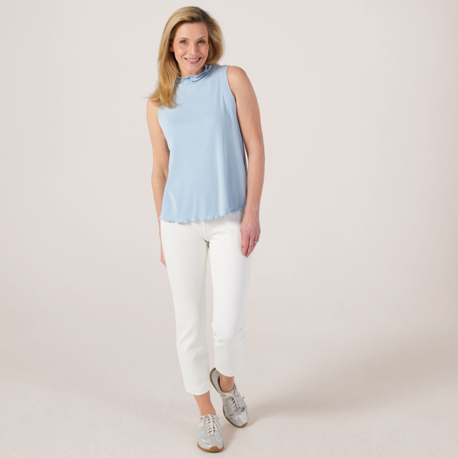 Kim & Co Soft Rib Knit Frill Neck Sleeveless Top