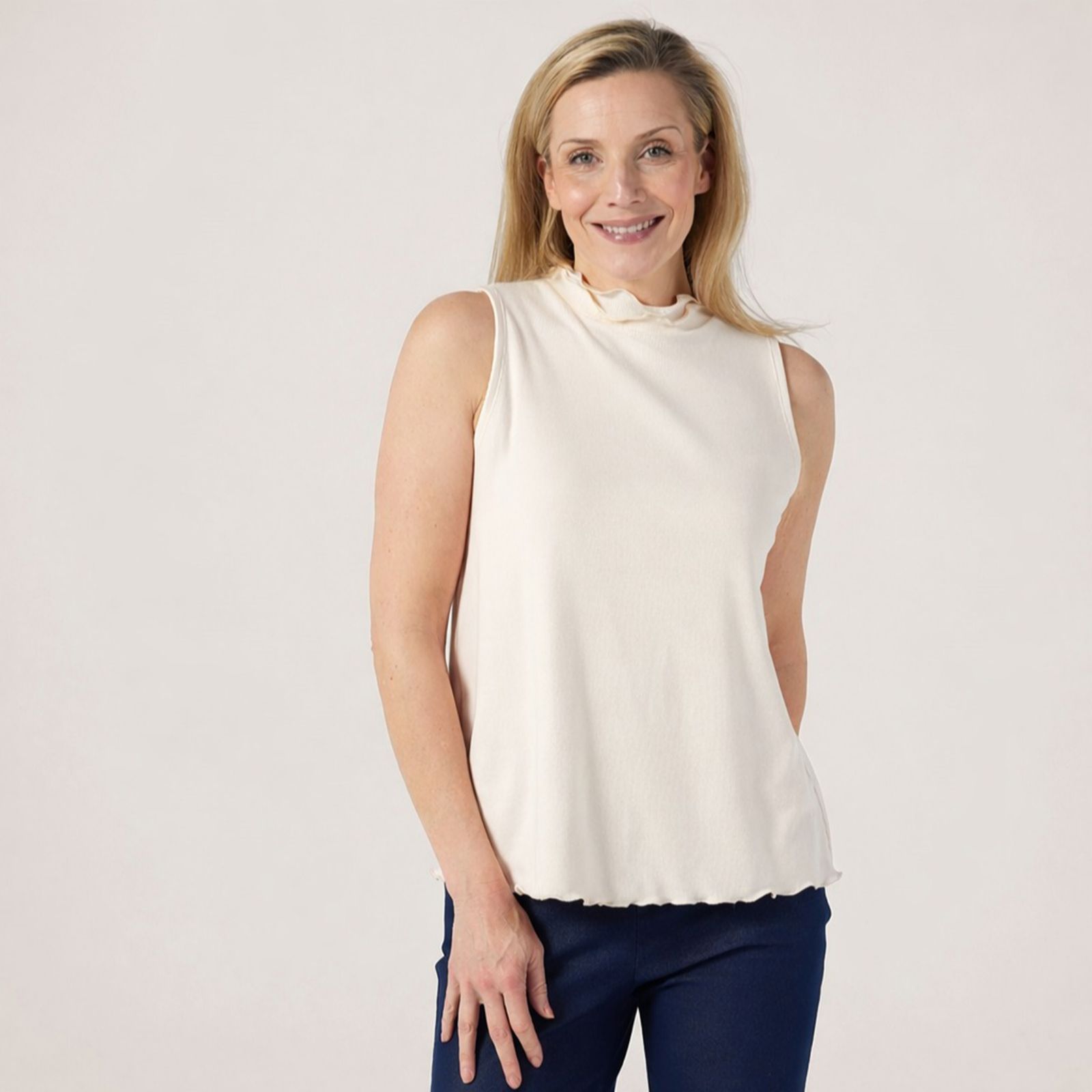 Kim & Co Soft Rib Knit Frill Neck Sleeveless Top