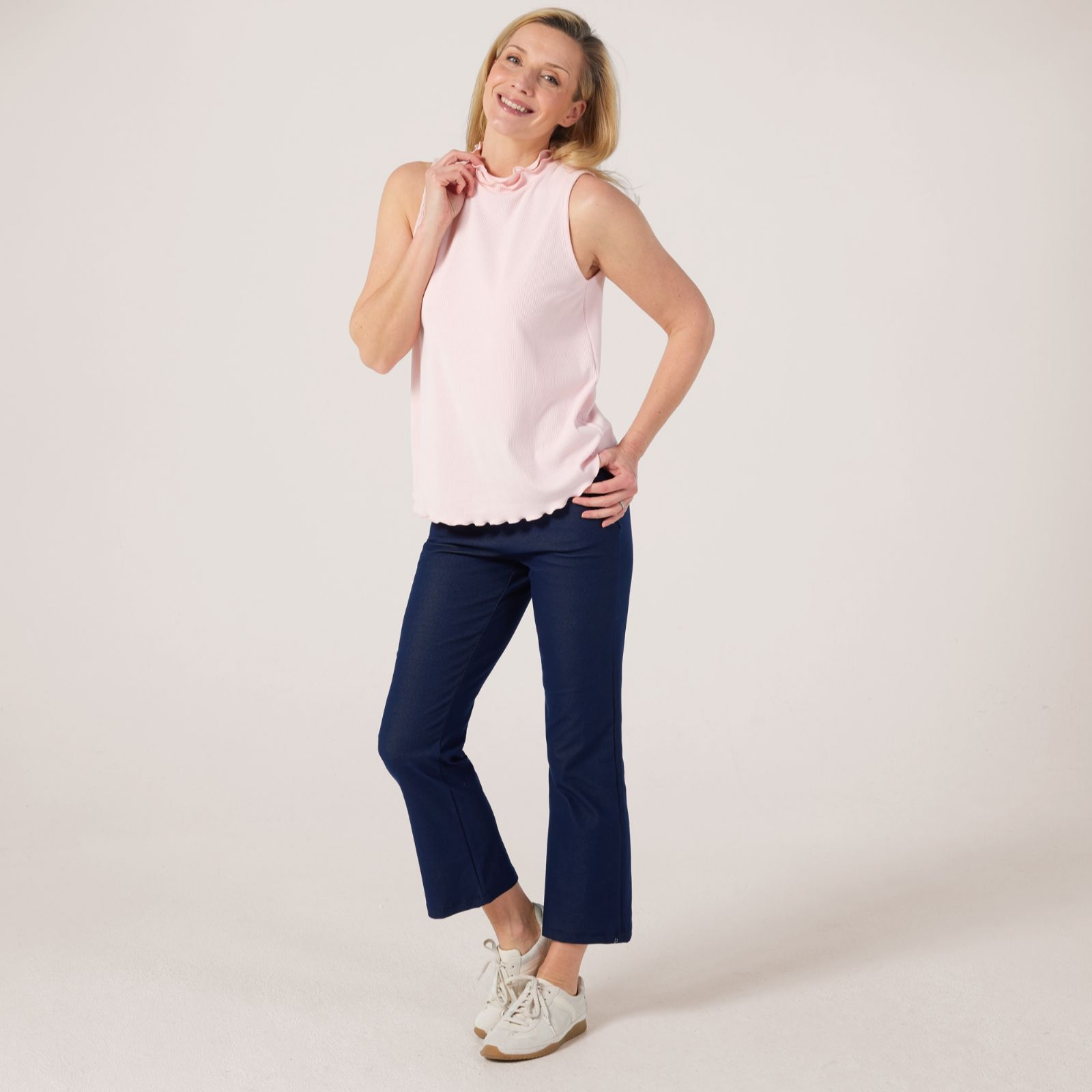 Kim & Co Soft Rib Knit Frill Neck Sleeveless Top