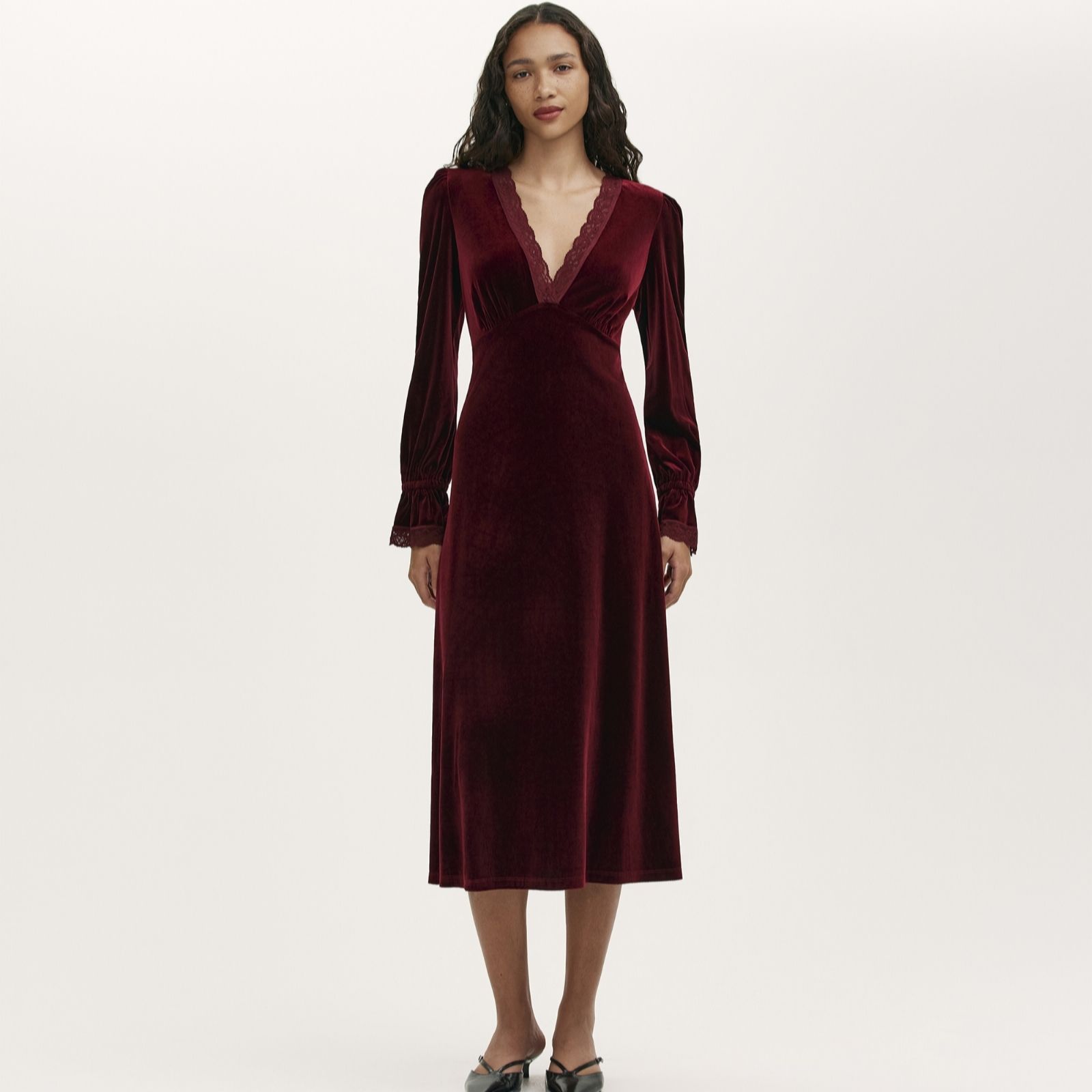 Finery London Lousie Stretch Velvet Lace Detail Midi Dress