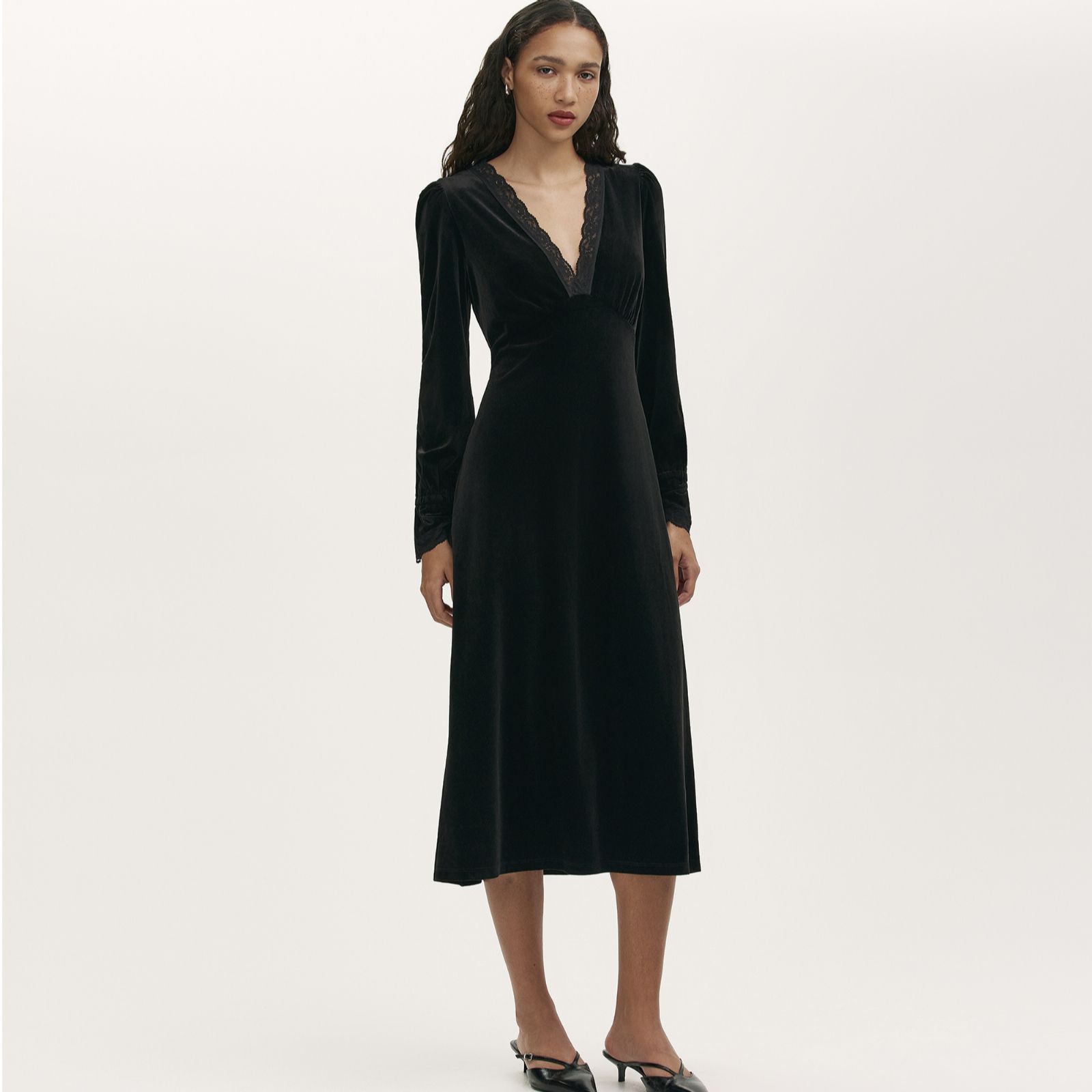 Finery London Lousie Stretch Velvet Lace Detail Midi Dress