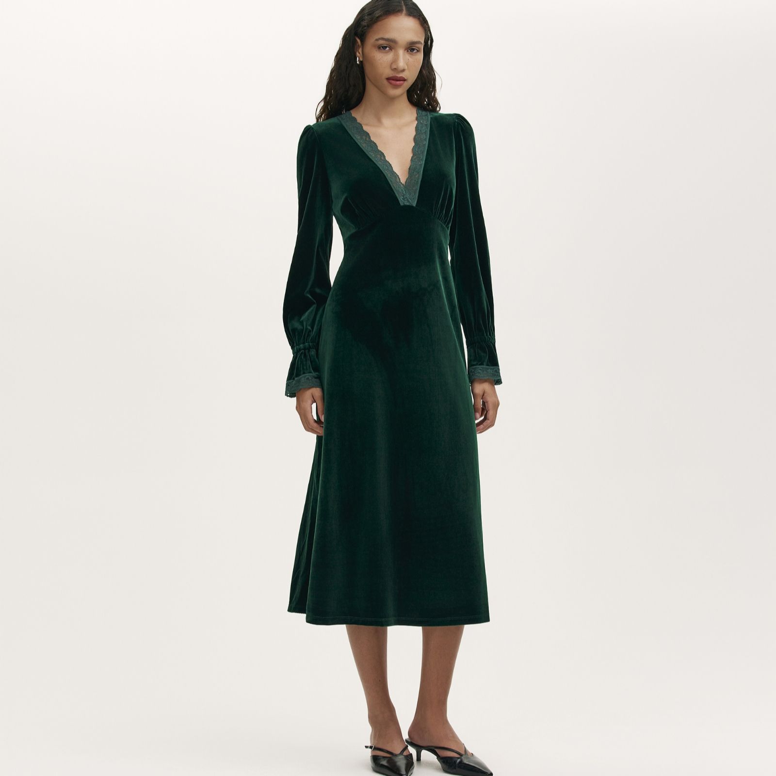 Finery London Lousie Stretch Velvet Lace Detail Midi Dress