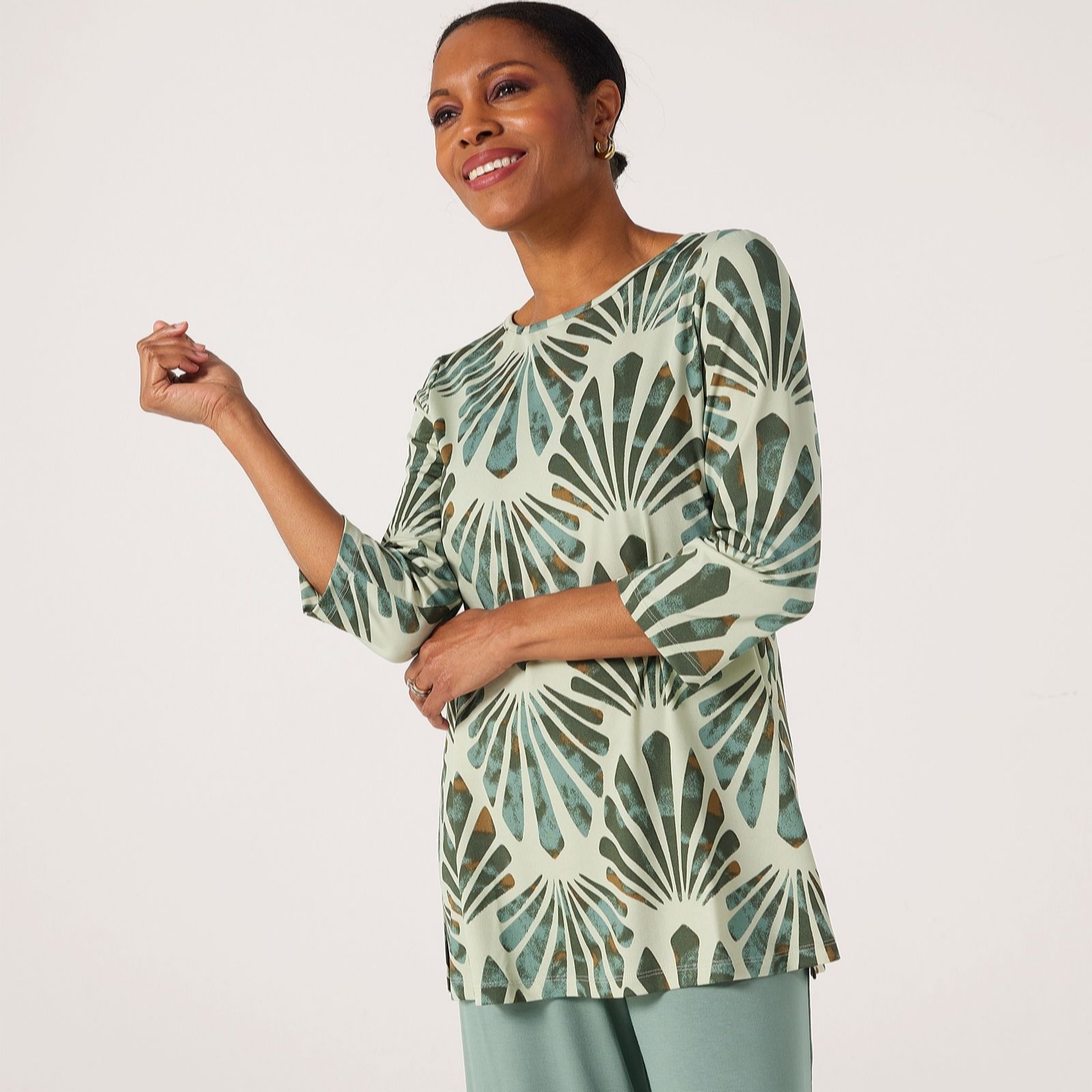 Kim&Co Printed Brazi Jersey 3/4 Sleeve Tunic with Slits