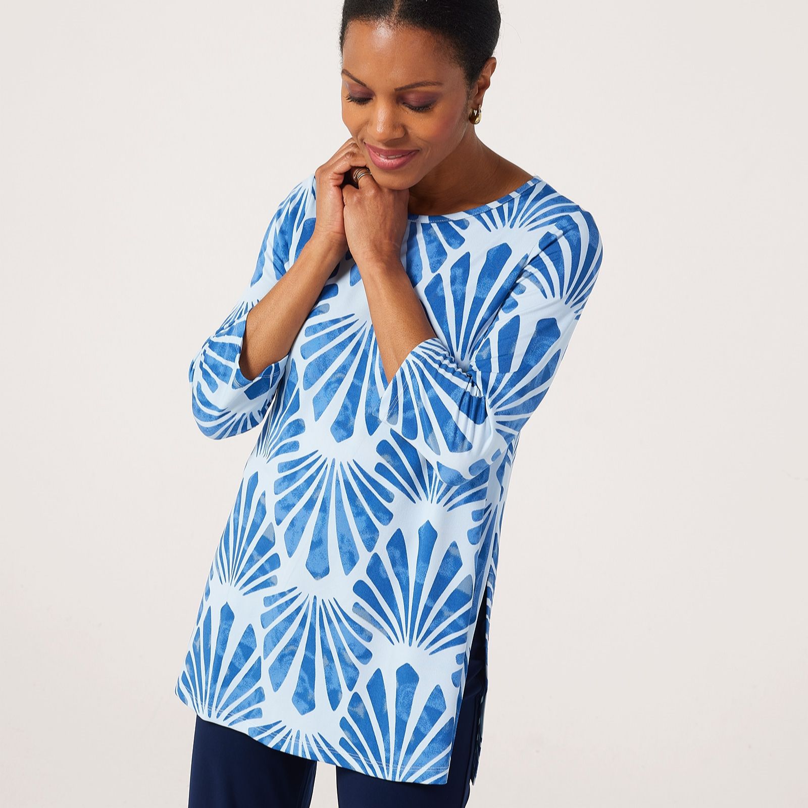Kim&Co Printed Brazi Jersey 3/4 Sleeve Tunic with Slits