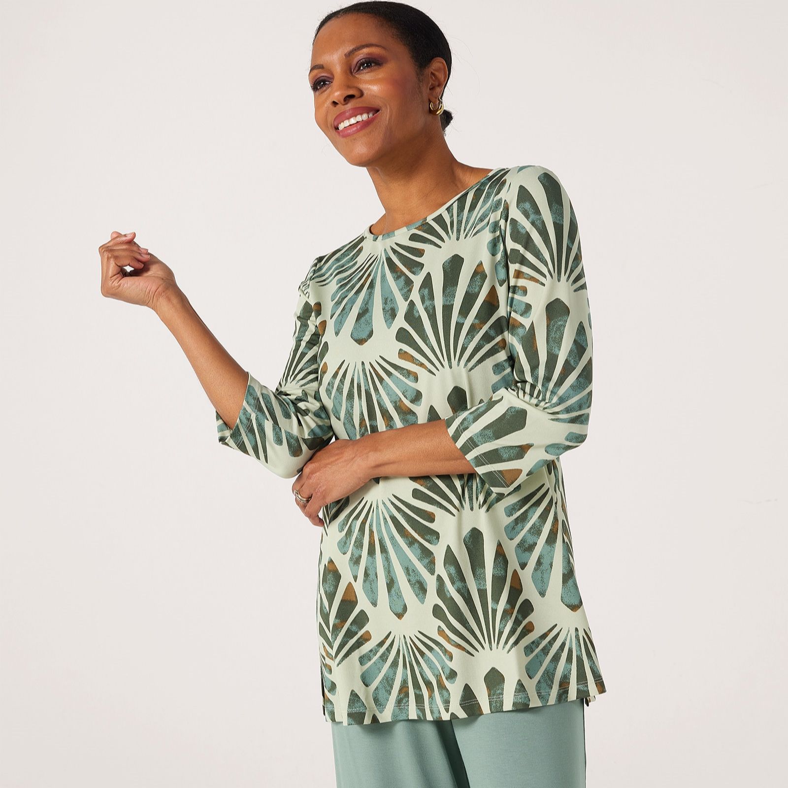 Kim&Co Printed Brazi Jersey 3/4 Sleeve Tunic with Slits