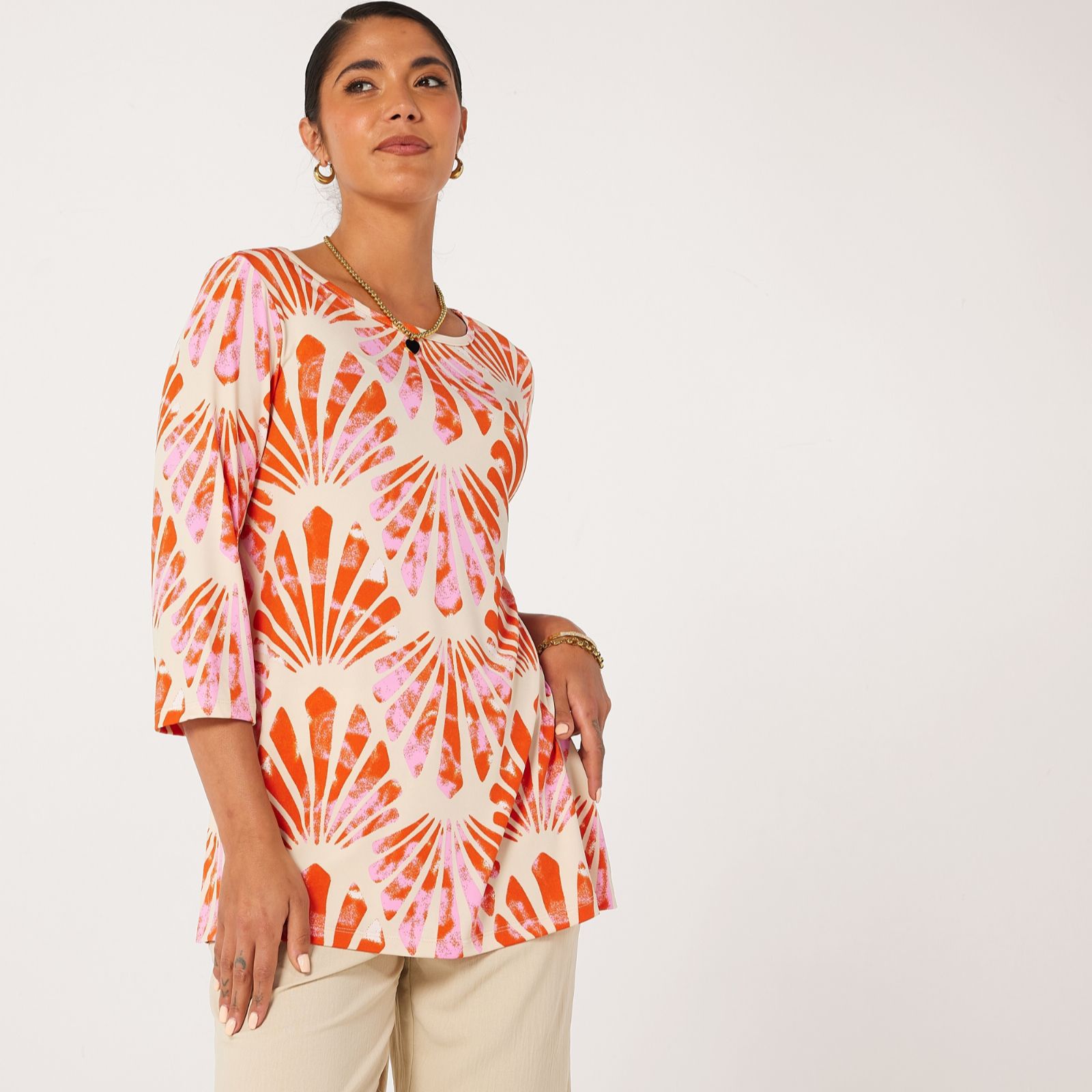 Kim&Co Printed Brazi Jersey 3/4 Sleeve Tunic with Slits