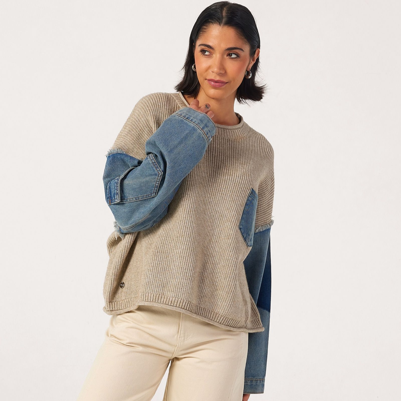 Malissa J Mix Denim Knit Jumper with Chest Pocket